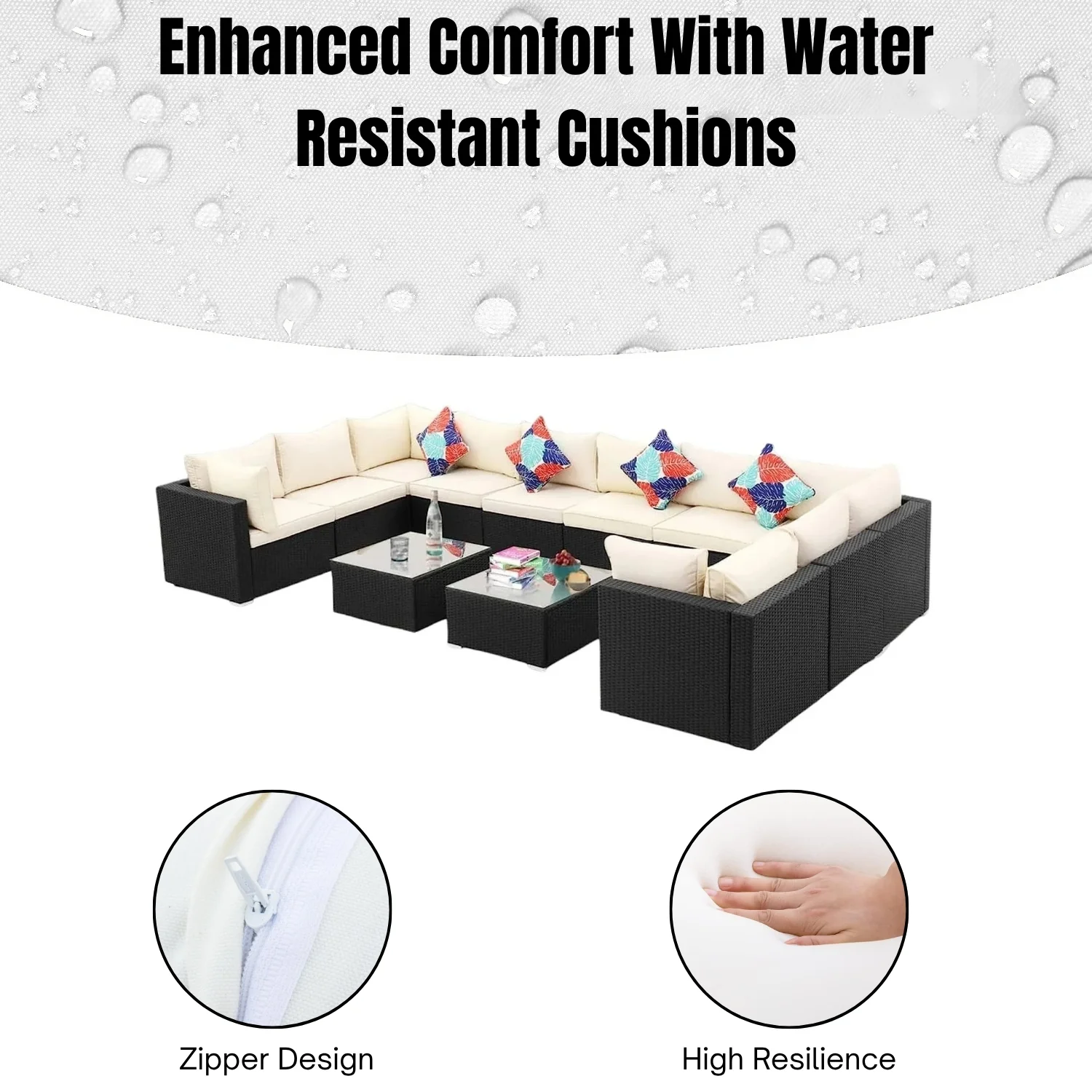 6-Piece Outdoor Wicker Sofa Set (Black/Off-White) - Image 6