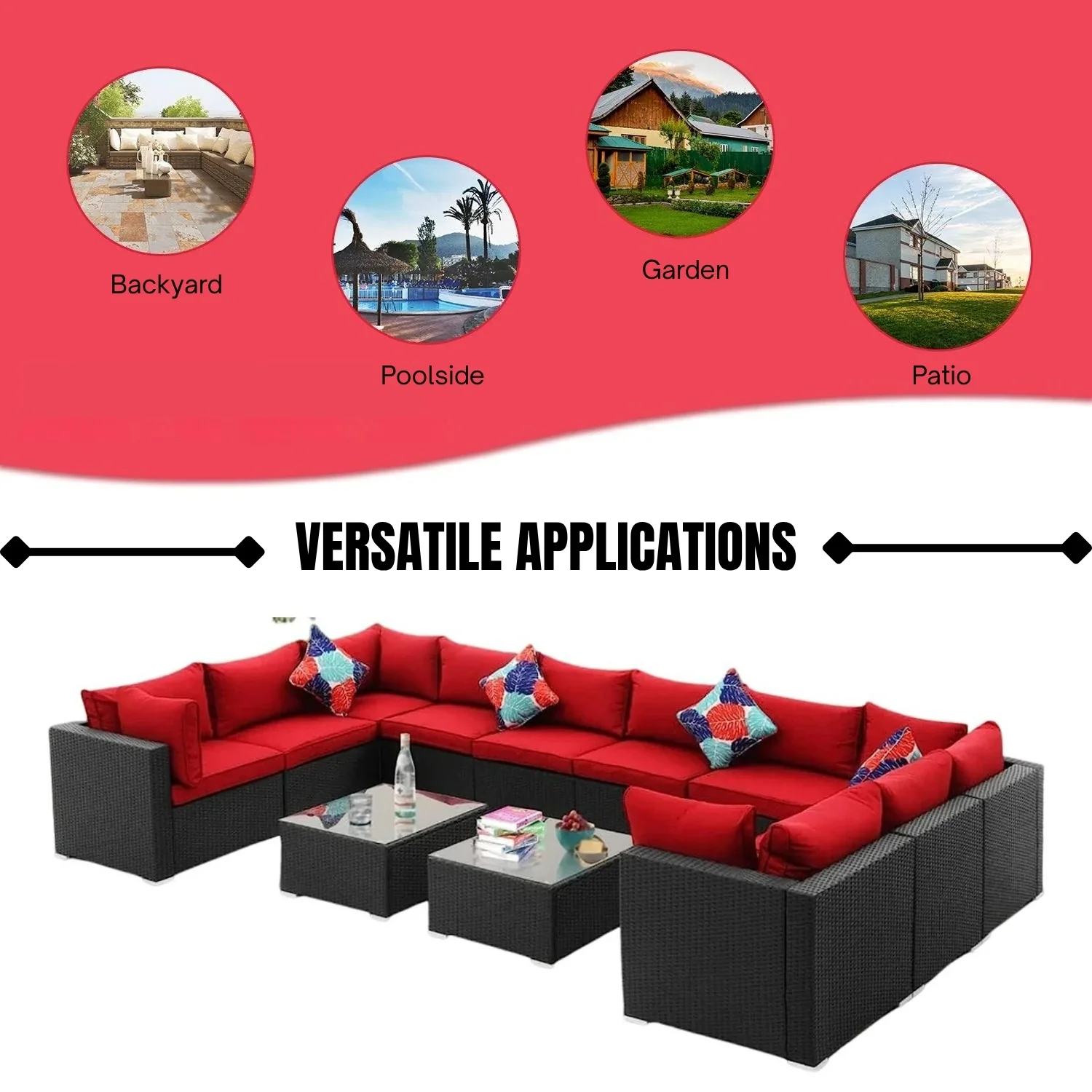 6-Piece Outdoor Wicker Sofa Set (Black/Red) - Image 10