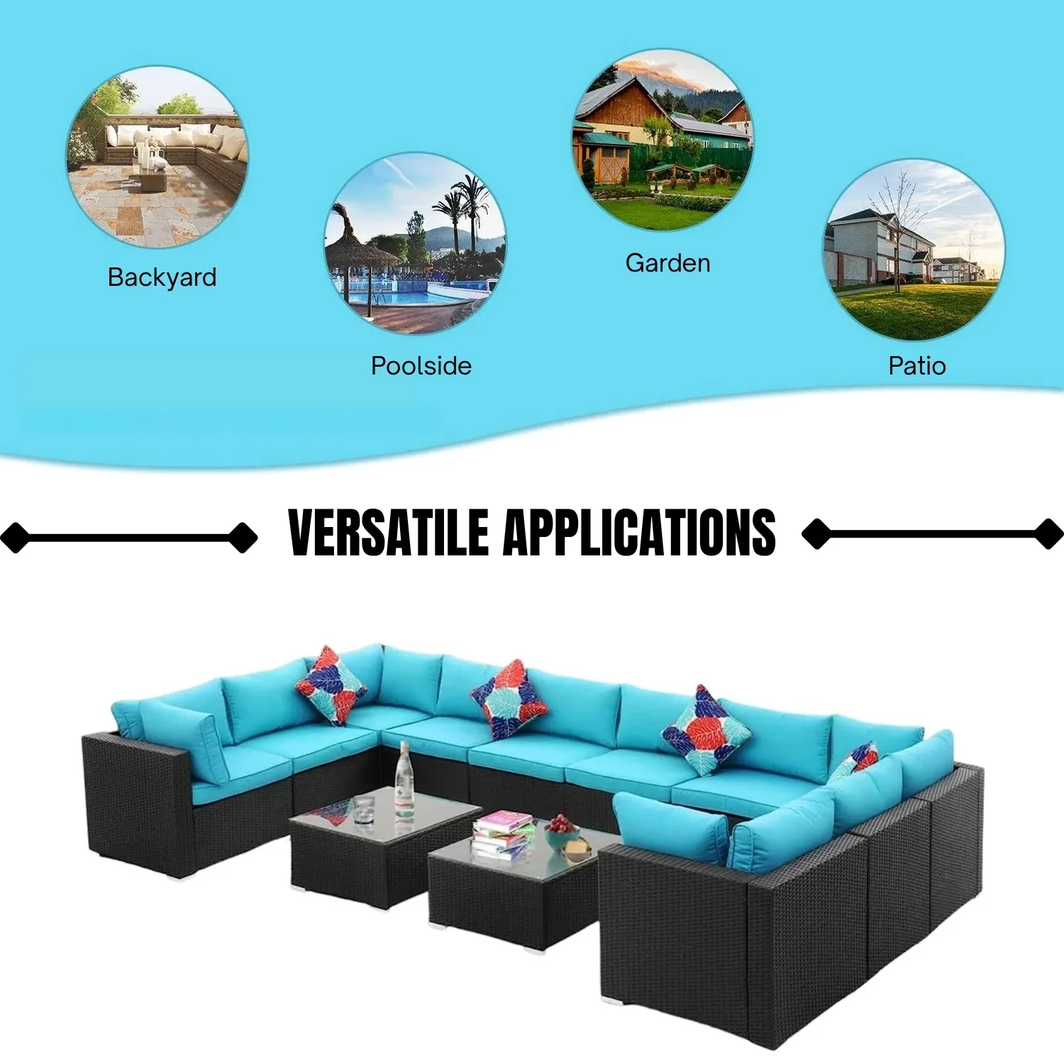 6-Piece Outdoor Wicker Sofa Set (Black/Sky-Blue) - Image 10