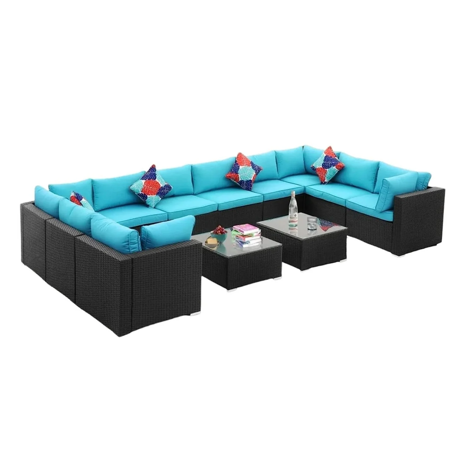 6-Piece Outdoor Wicker Sofa Set (Black/Sky-Blue) - Image 3