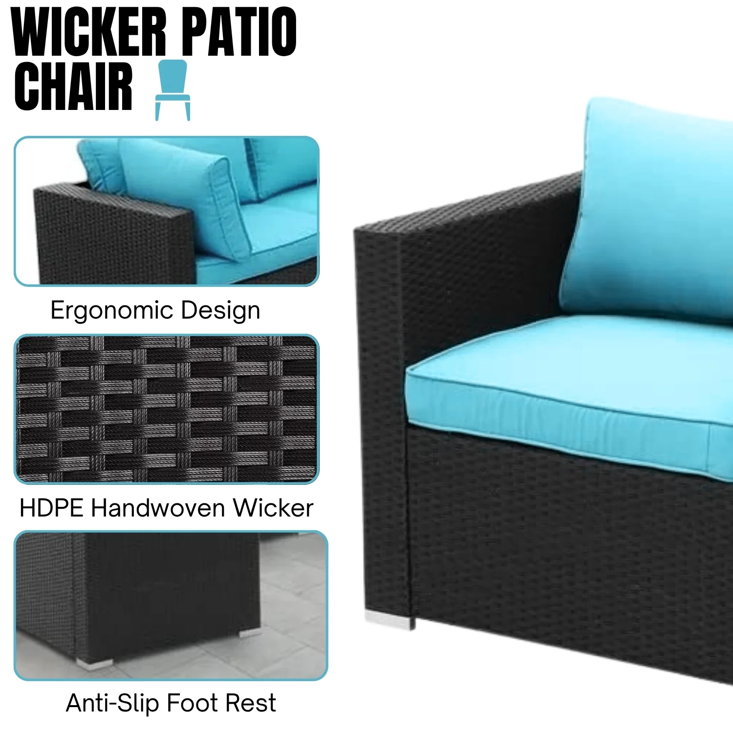 6-Piece Outdoor Wicker Sofa Set (Black/Sky-Blue) - Image 4