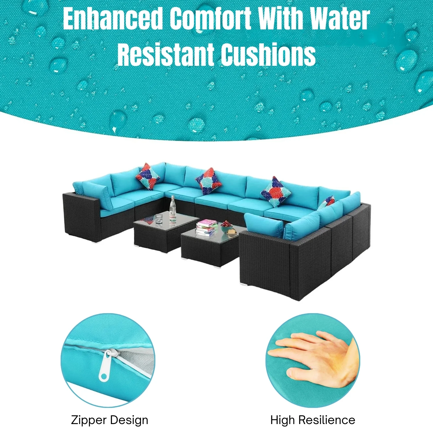 6-Piece Outdoor Wicker Sofa Set (Black/Sky-Blue) - Image 6