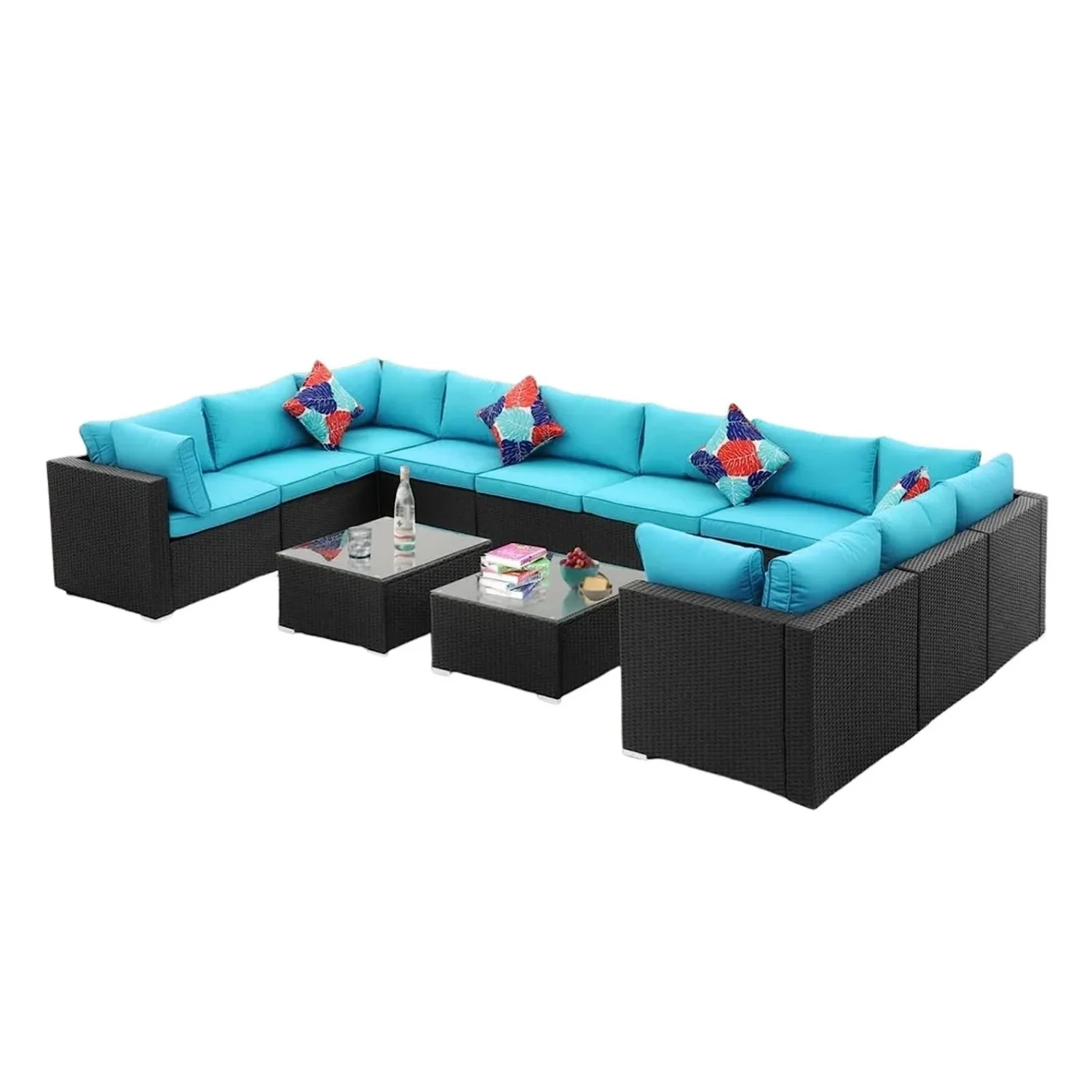6-Piece Outdoor Wicker Sofa Set (Black/Sky-Blue) - Image 8