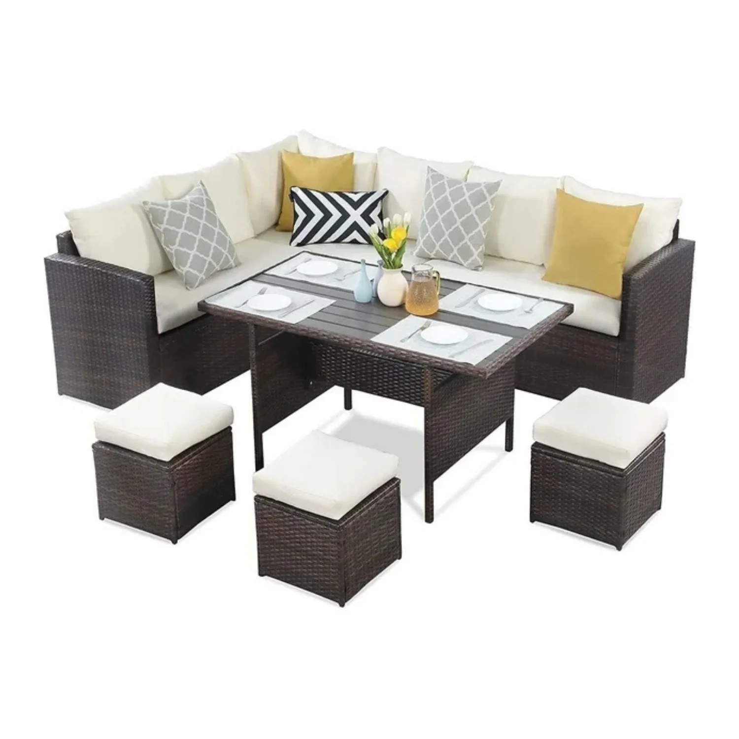 6-Pieces L-Shape Patio Rattan Dining Set - Image 13