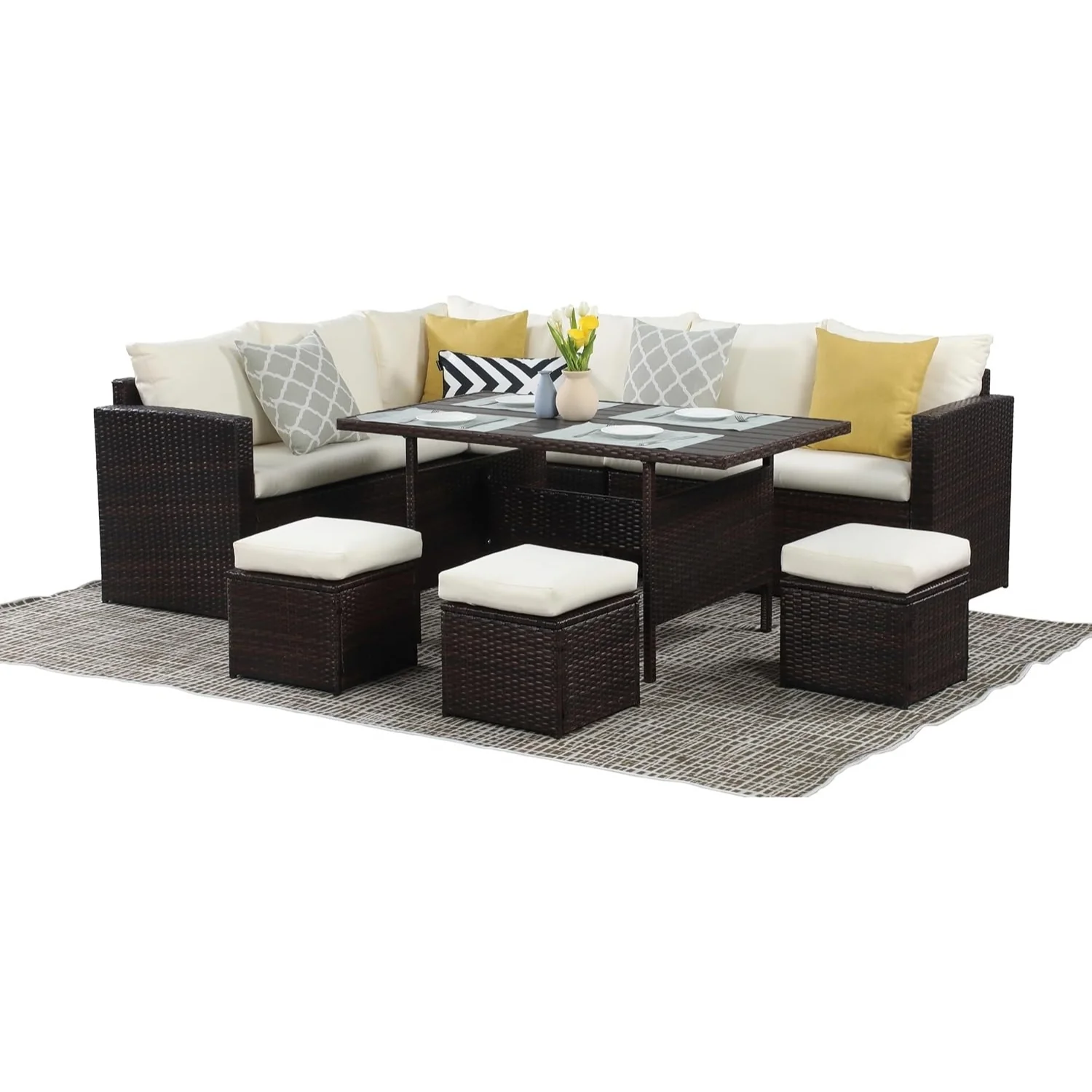 6-Pieces L-Shape Patio Rattan Dining Set - Image 4