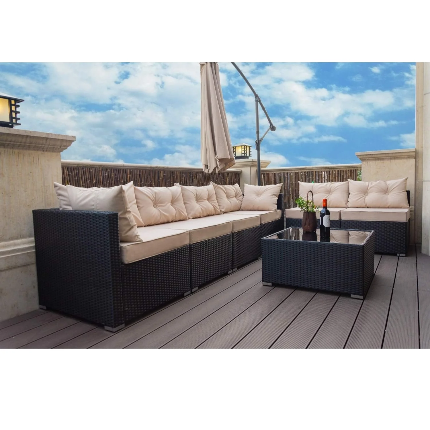6-Seater Outdoor Garden Conversation Sofa Set (Dark Brown & Cream) - Image 10