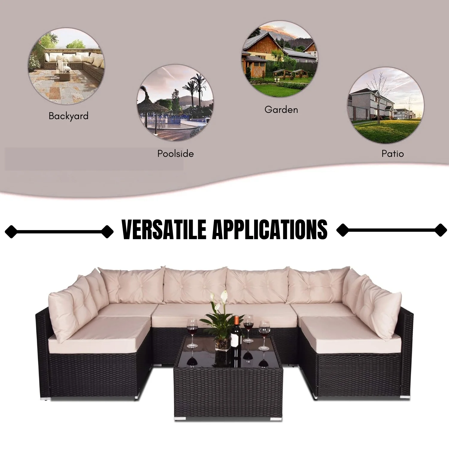6-Seater Outdoor Garden Conversation Sofa Set (Dark Brown & Cream) - Image 11