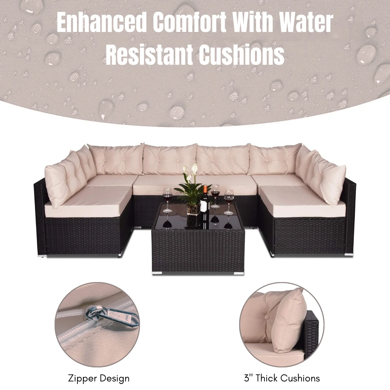 6-Seater Outdoor Garden Conversation Sofa Set (Dark Brown & Cream) - Image 6