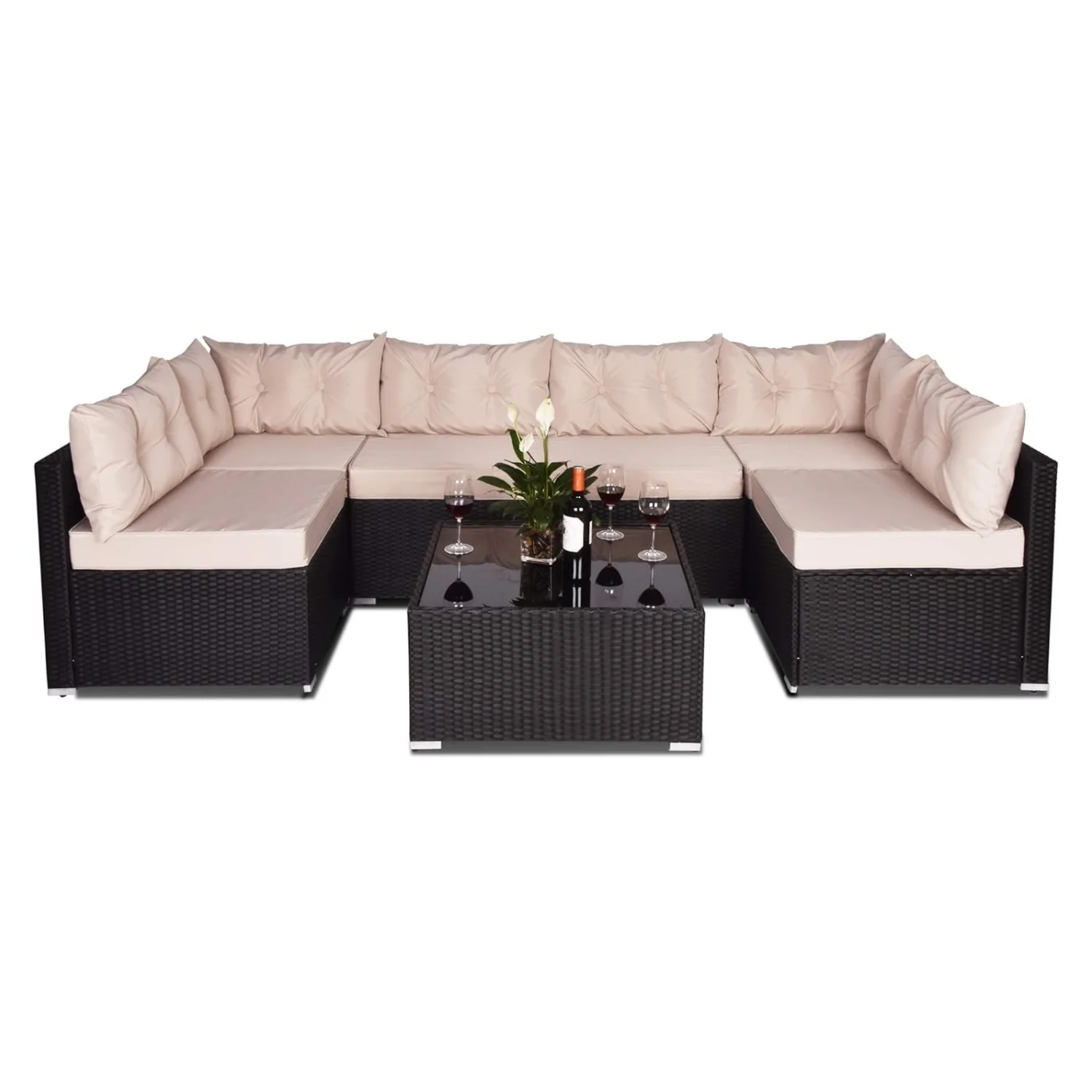 6-Seater Outdoor Garden Conversation Sofa Set (Dark Brown & Cream) - Image 8