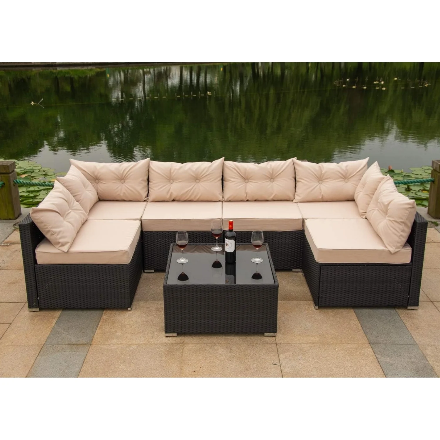 6-Seater Outdoor Garden Conversation Sofa Set (Dark Brown & Cream) - Image 9