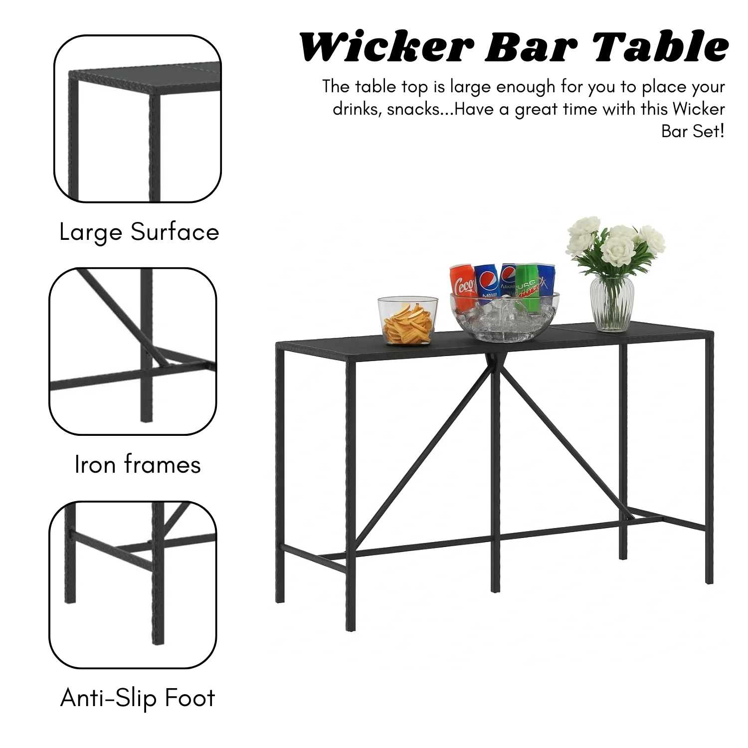 7-Piece Outdoor Rattan Wicker Bar Set without Glass Top Table - Image 7