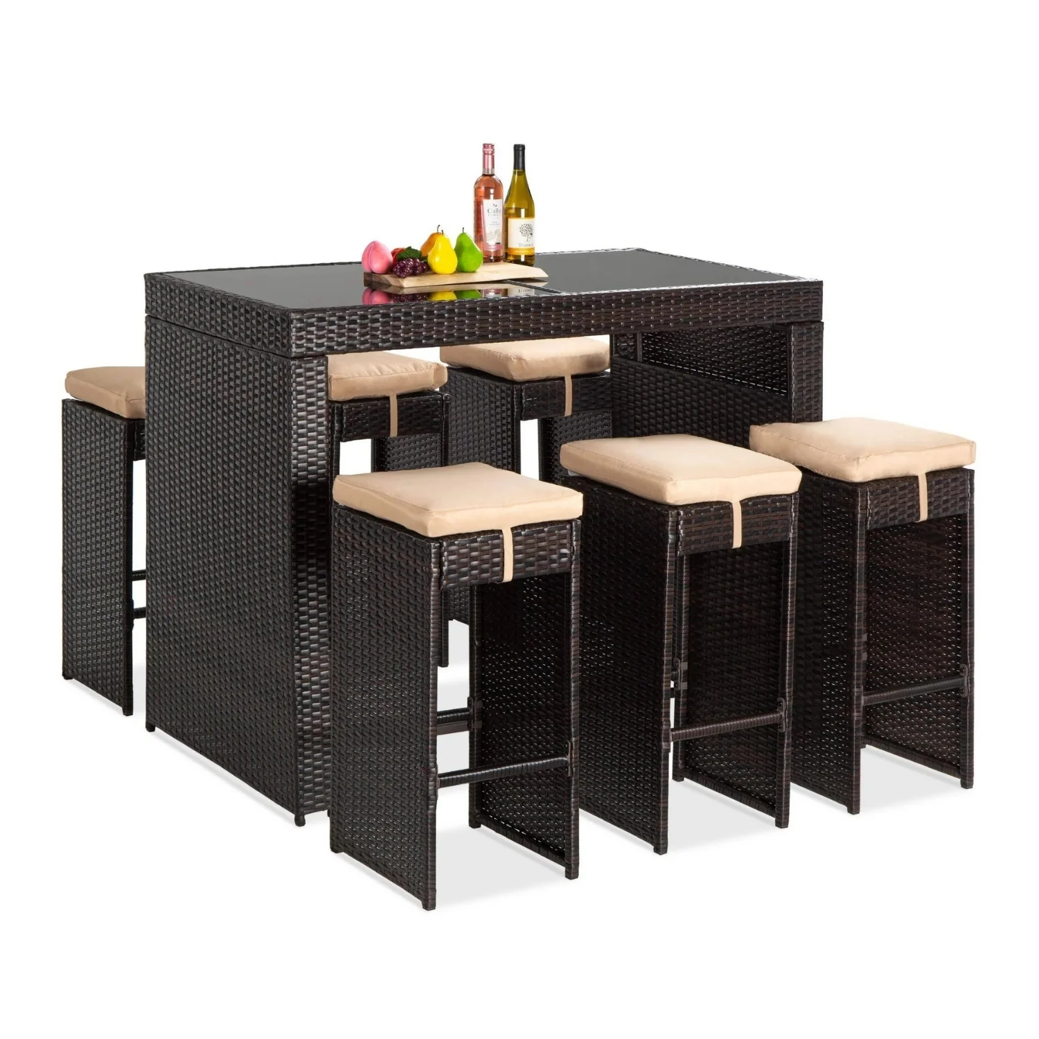 7-Piece Outdoor Rattan Wicker Bar Set with Glass Top Table - Image 9