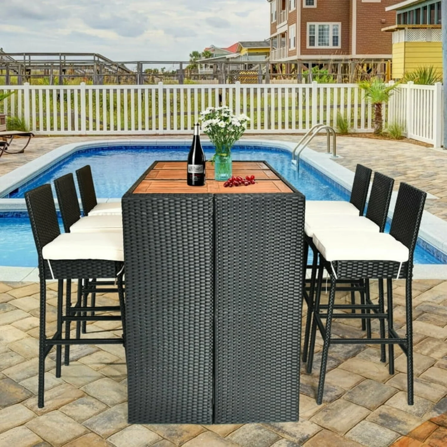 7-Piece Outdoor Rattan Wicker Bar Set with Wooden Top Table - Image 11