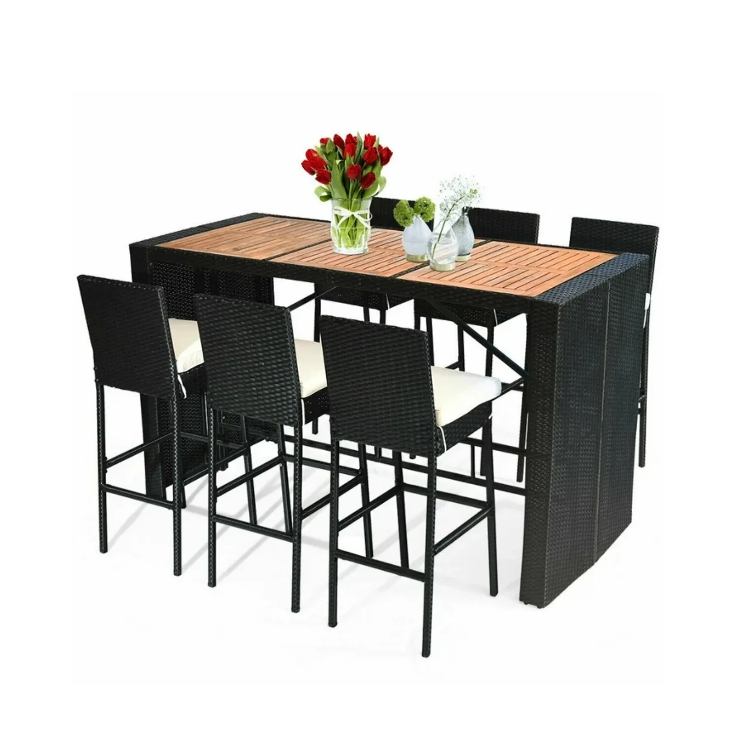 7-Piece Outdoor Rattan Wicker Bar Set with Wooden Top Table - Image 4