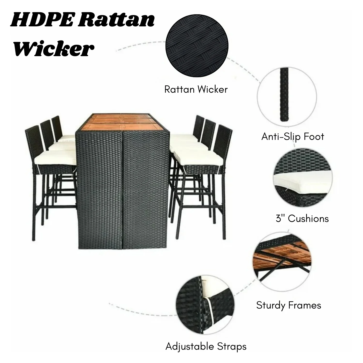 7-Piece Outdoor Rattan Wicker Bar Set with Wooden Top Table - Image 5