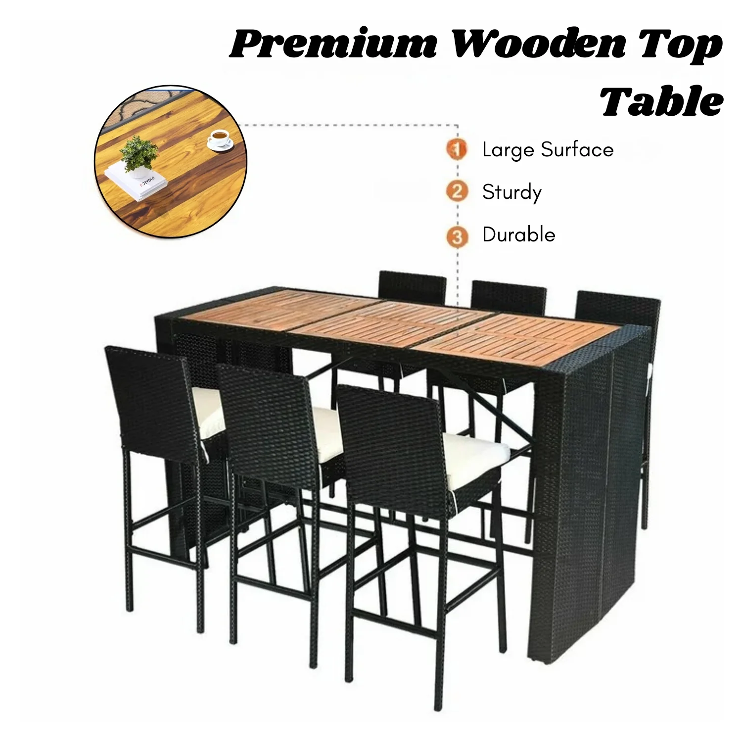 7-Piece Outdoor Rattan Wicker Bar Set with Wooden Top Table - Image 6