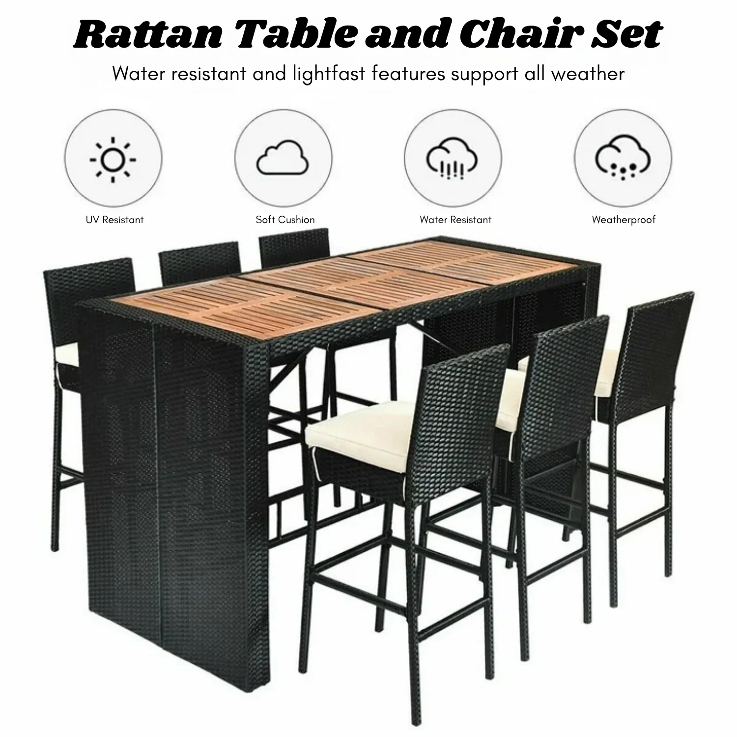 7-Piece Outdoor Rattan Wicker Bar Set with Wooden Top Table - Image 7
