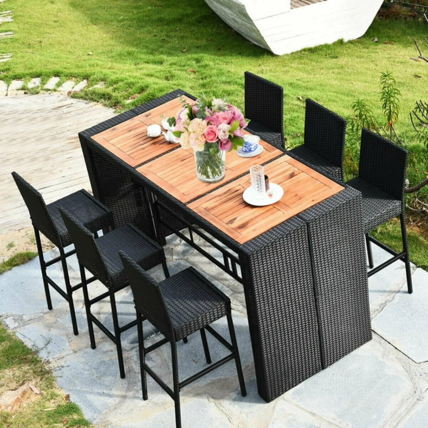7-Piece Outdoor Rattan Wicker Bar Set with Wooden Top Table - Image 9