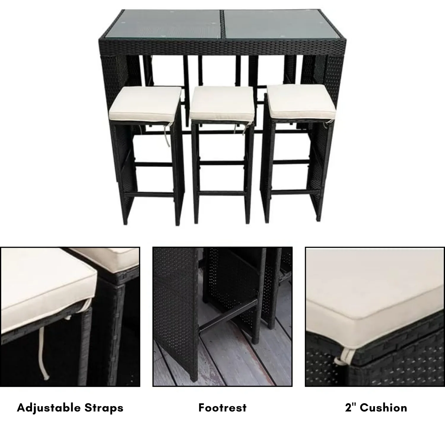 7-Piece Outdoor Rattan Wicker Bar Set with Glass Top Table - Image 6