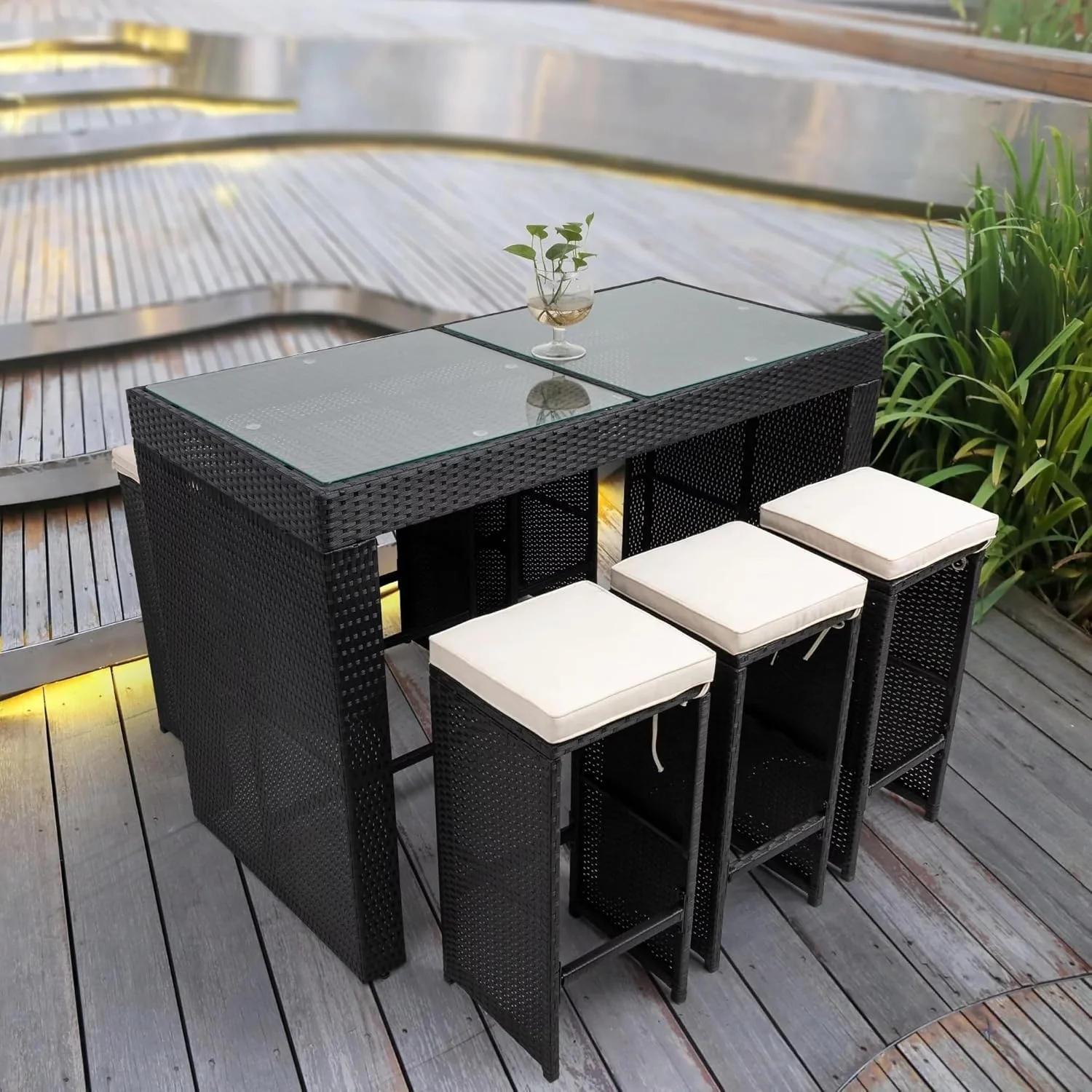 7-Piece Outdoor Rattan Wicker Bar Set with Glass Top Table - Image 8