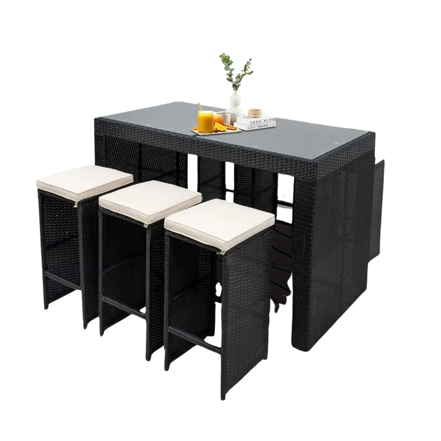 7-Piece Outdoor Rattan Wicker Bar Set with Glass Top Table - Image 9