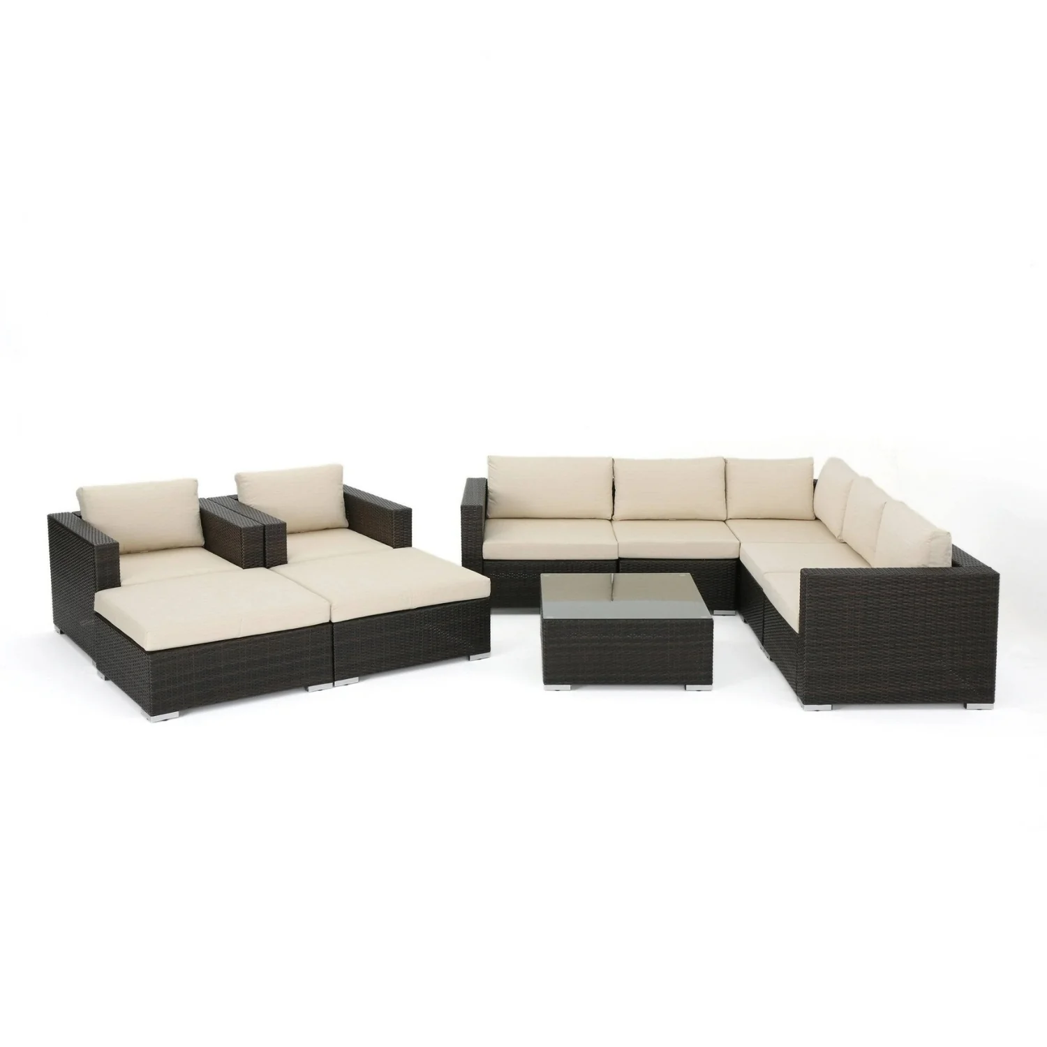 7-Piece Rattan Sectional Sofa Set (Dark Brown/Cream) - Image 10