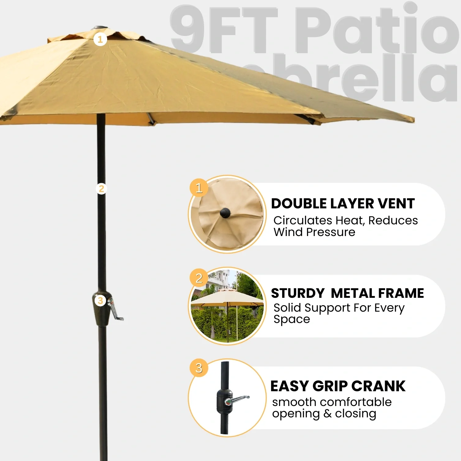 9ft Beige Color Outdoor Patio Umbrella with Centre Pole - Image 8