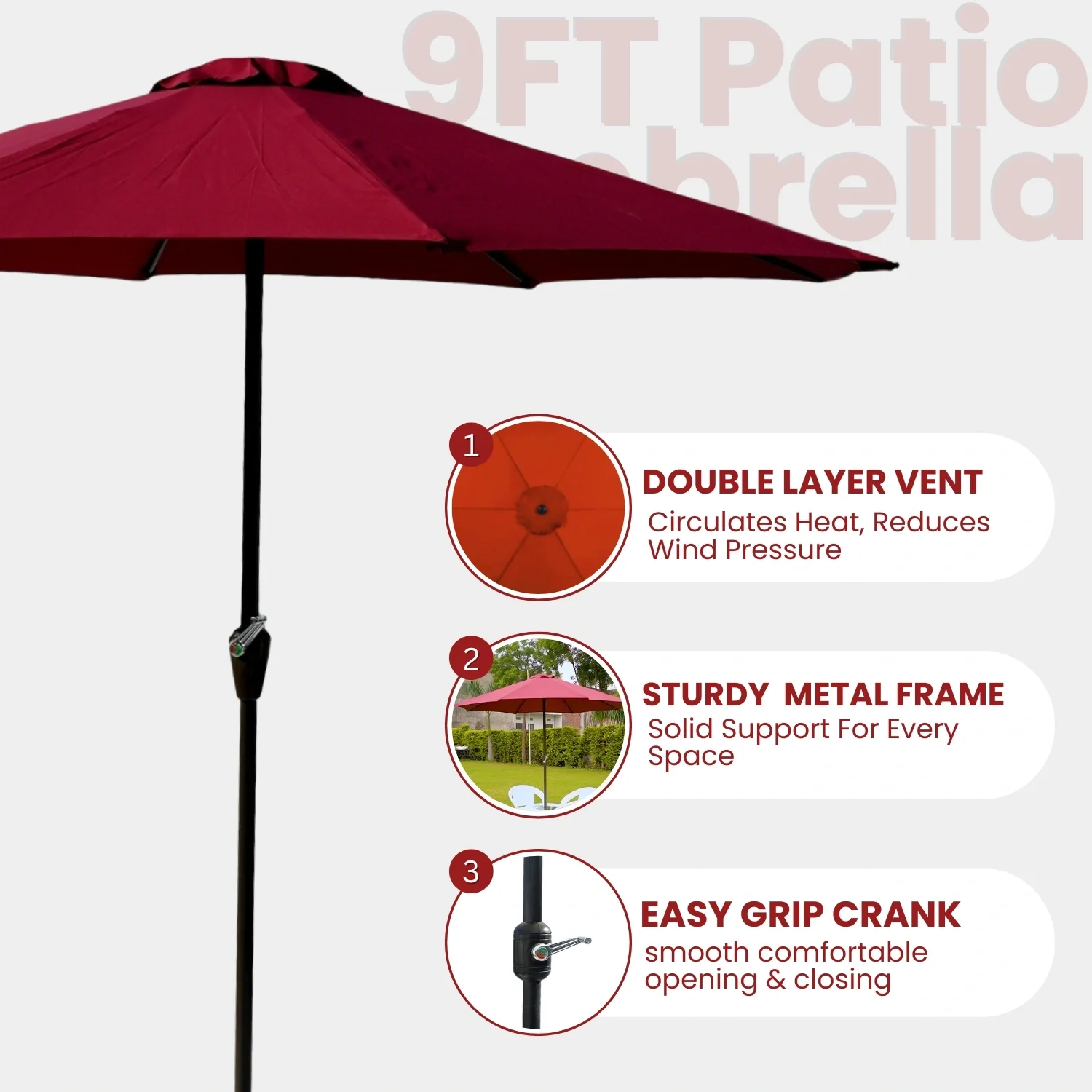 9ft Maroon Color Outdoor Patio Umbrella with Centre Pole - Image 9