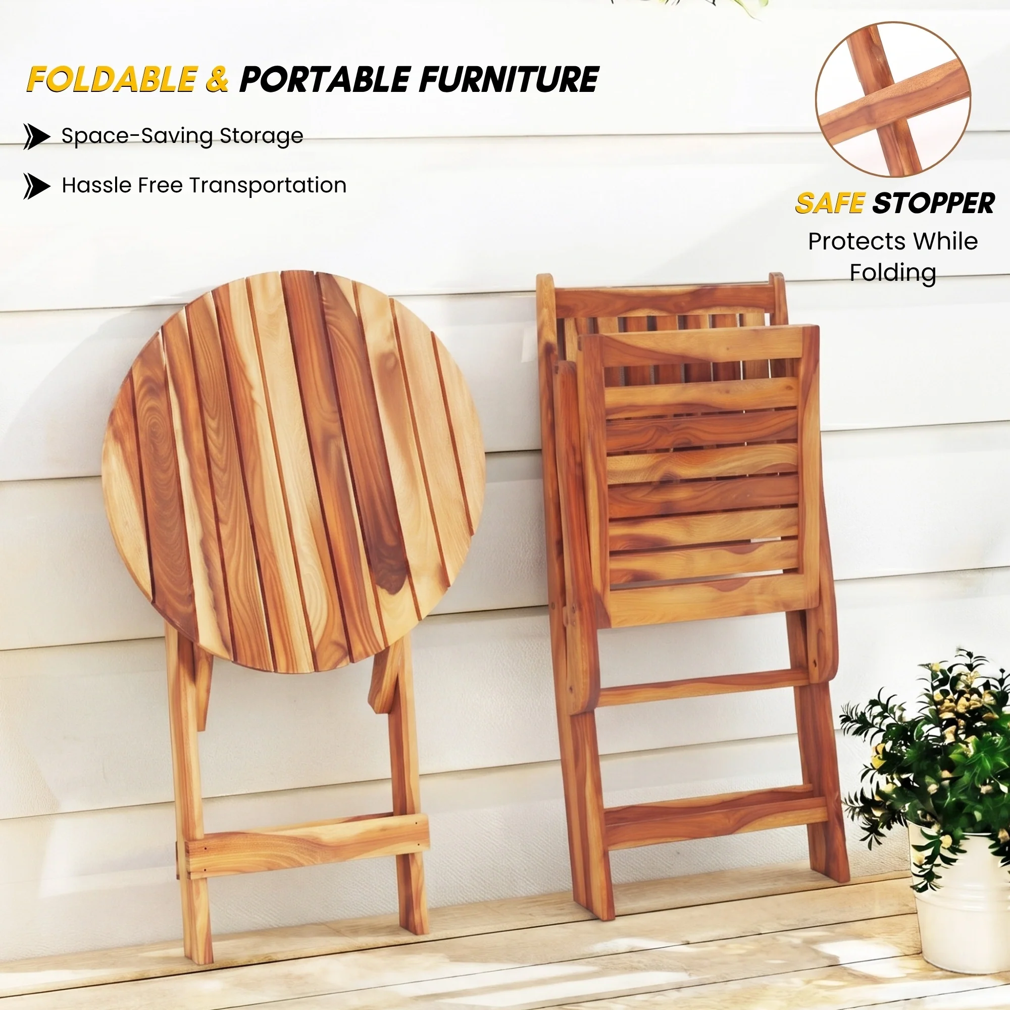 Acacia Wood Foldable Outdoor Bistro Set – 2 Chairs & Round Table - Image 3