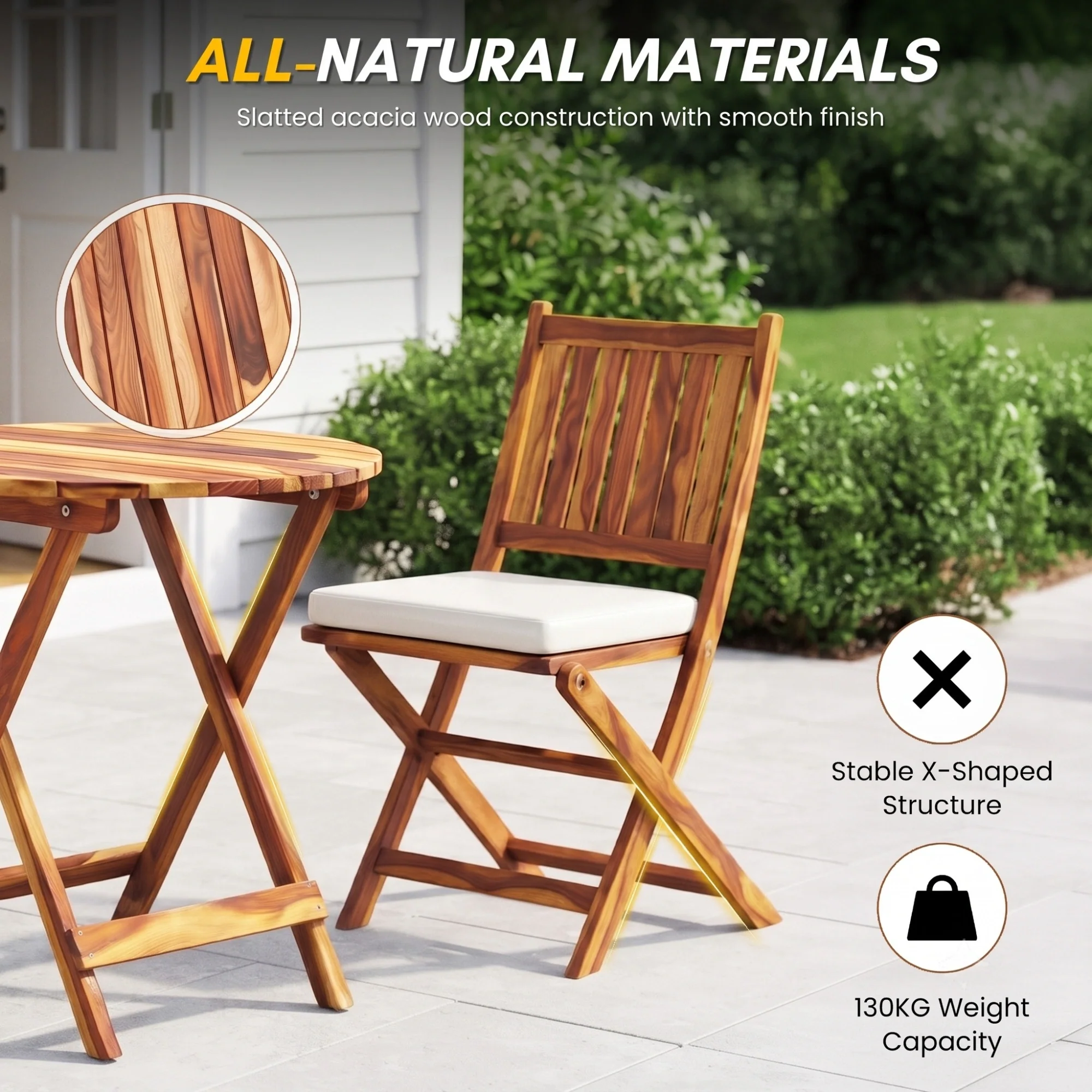 Acacia Wood Foldable Outdoor Bistro Set – 2 Chairs & Round Table - Image 4