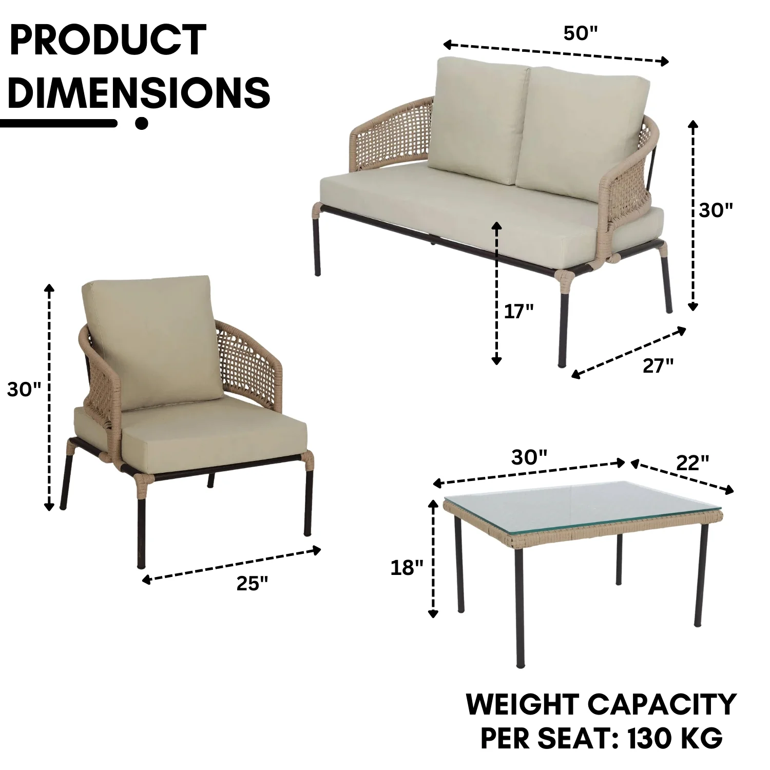 All-Weather Patio Rope Sofa Set with Glass Top Coffee Table - Image 2