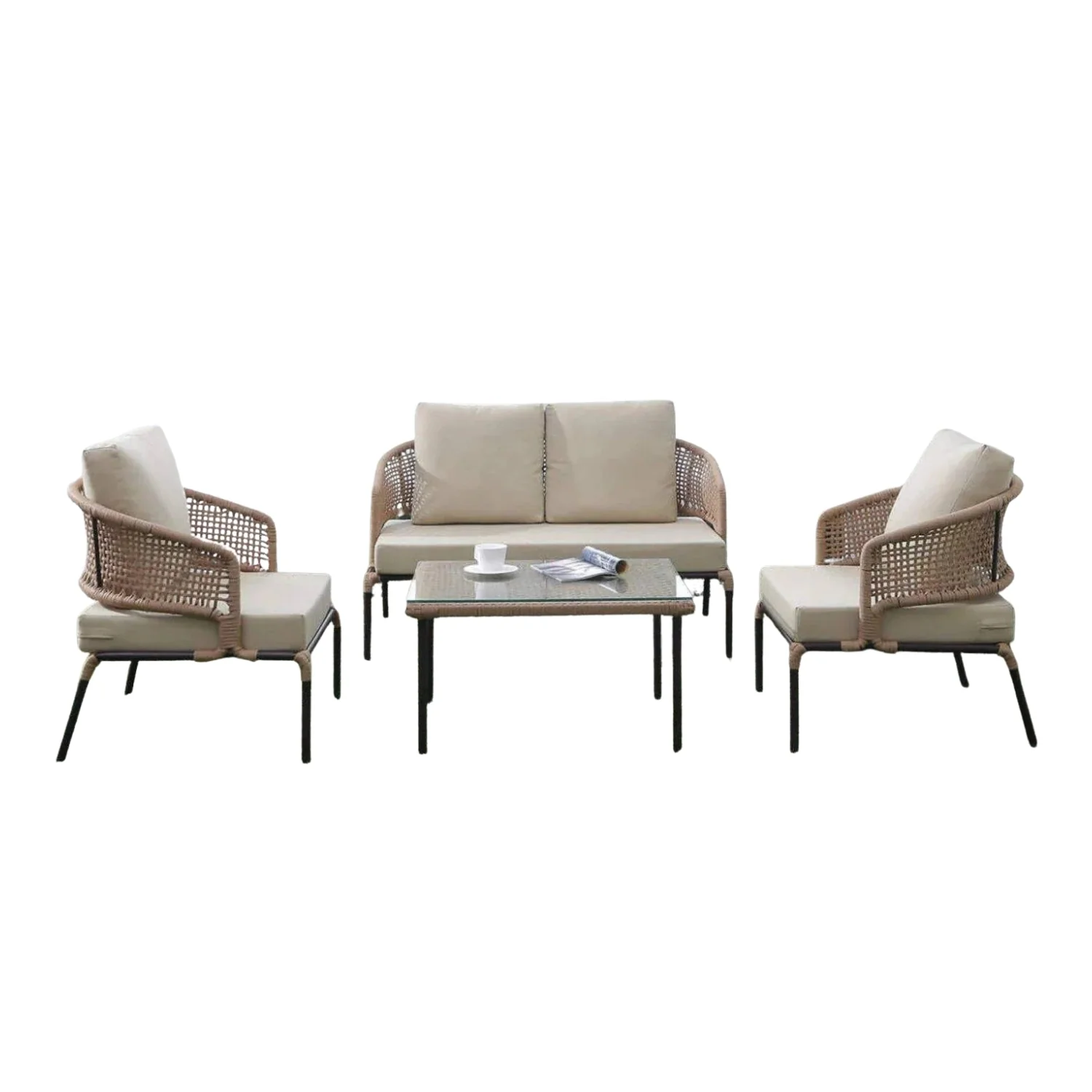 All-Weather Patio Rope Sofa Set with Glass Top Coffee Table - Image 5