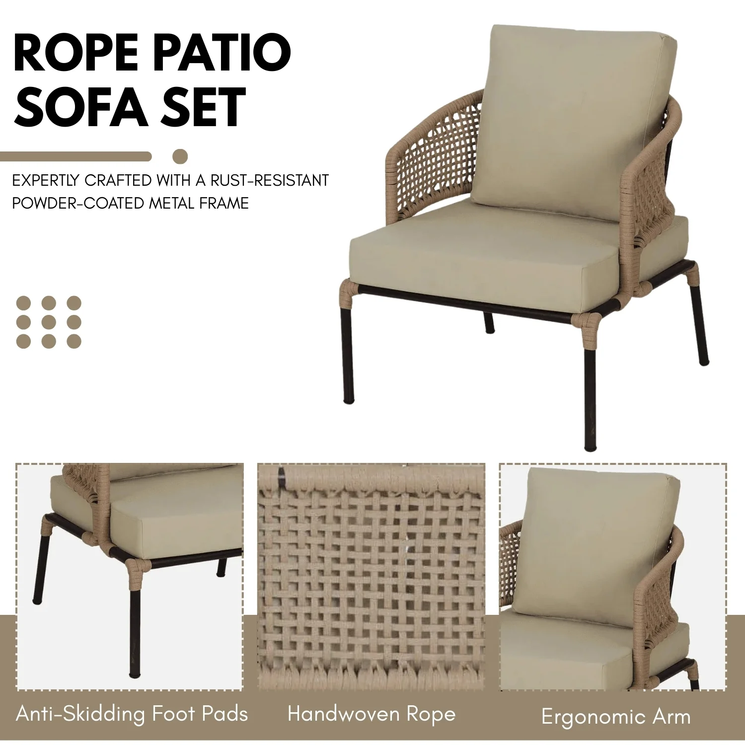 All-Weather Patio Rope Sofa Set with Glass Top Coffee Table - Image 6