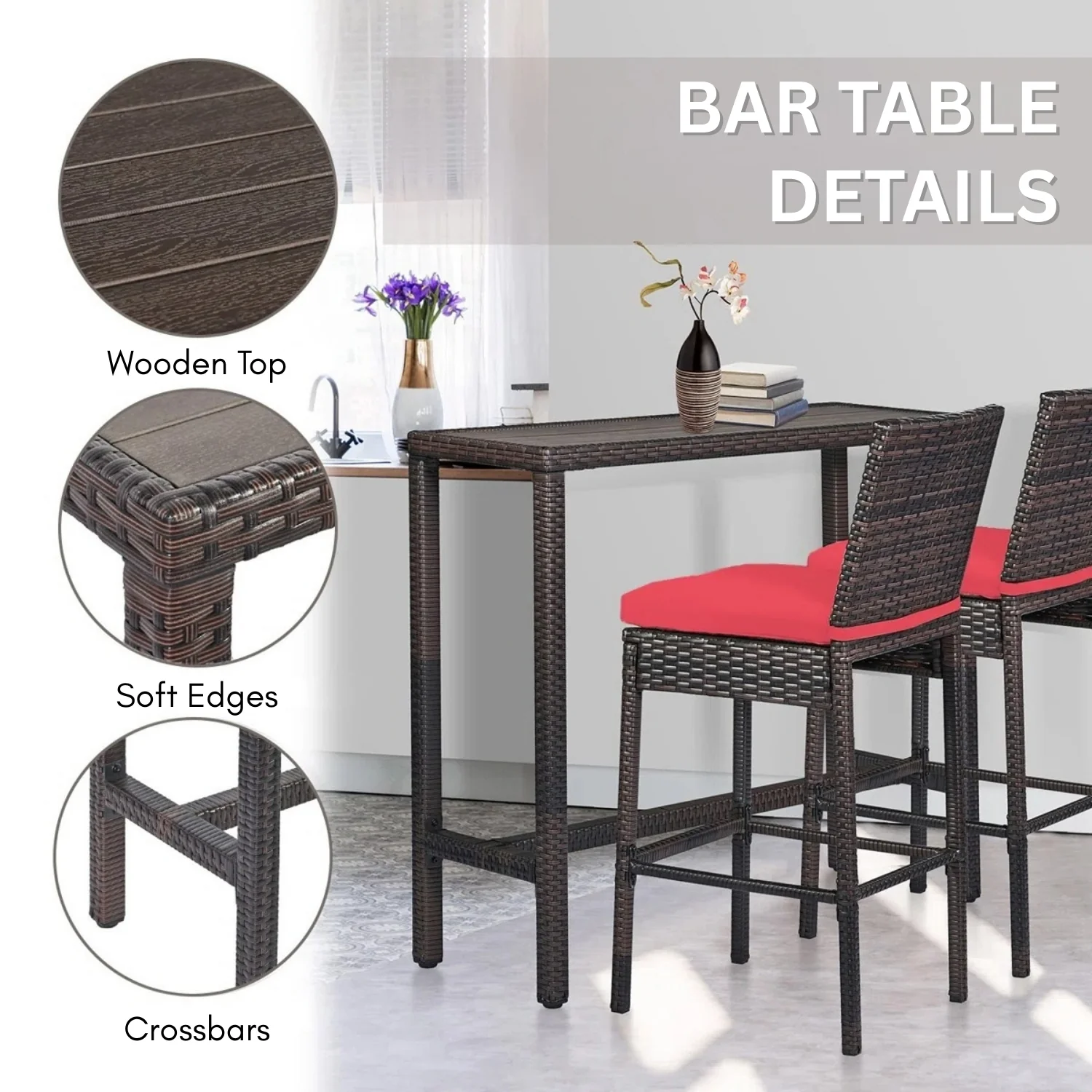 All-Weather Rattan Wicker Bar Set with High-Top Outdoor Table & Chairs - Image 6
