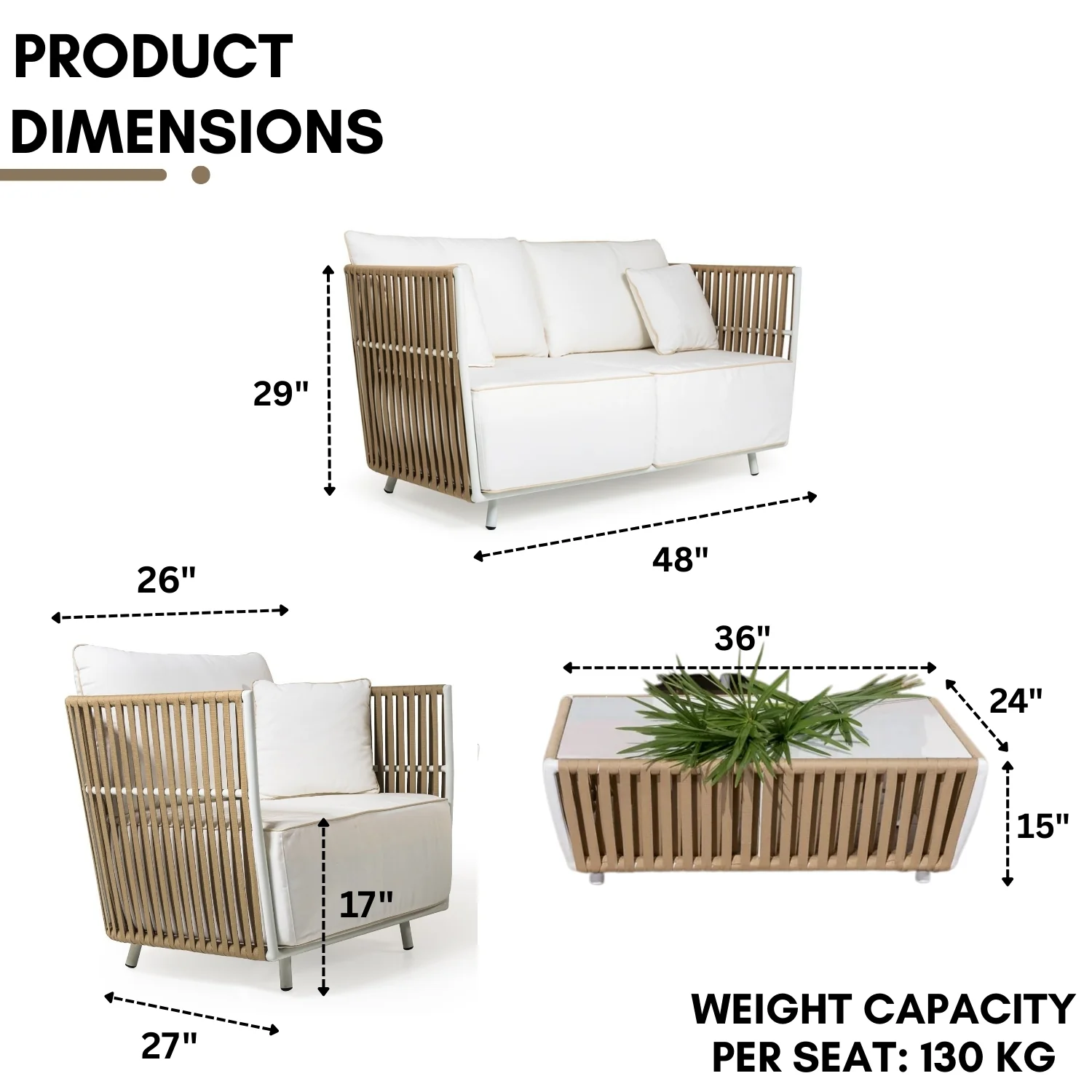 All-Weather Rope 4- Seater Sofa Set With Glass Top Table - Image 2