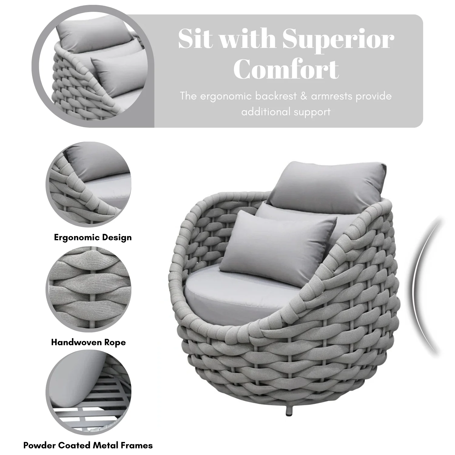 Bird’s Nest Shape 3-Piece Hand-Woven Rope Patio Set - Image 5