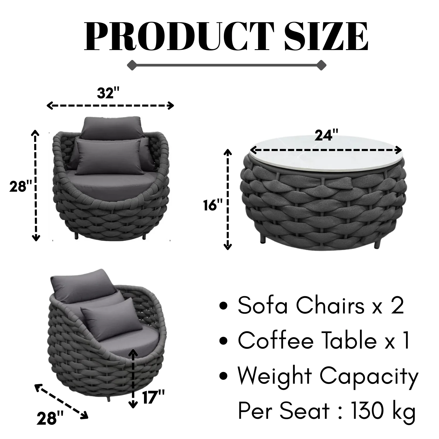 Bird’s Nest Shape 3-Piece Hand-Woven Rope Patio Set - Image 2