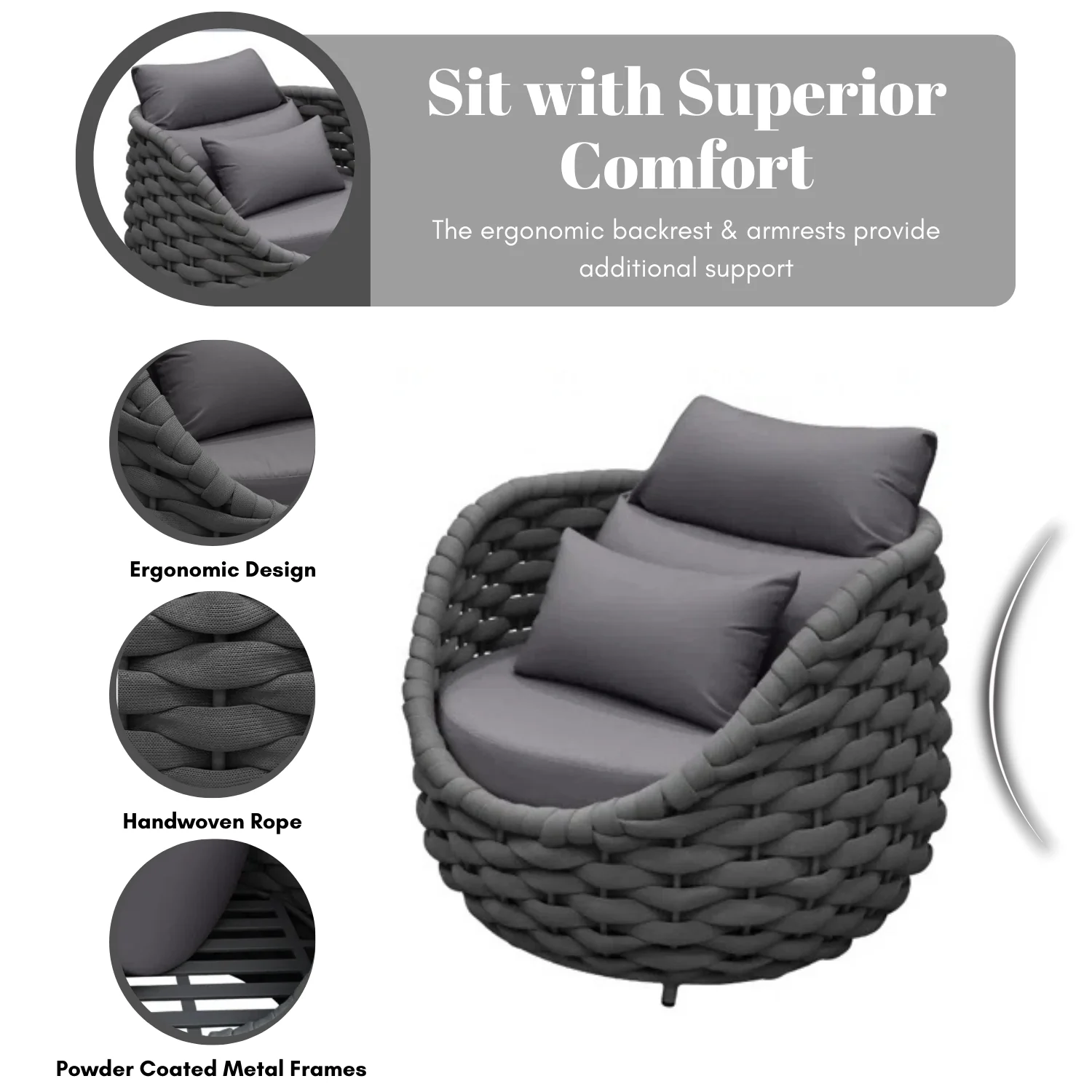 Bird’s Nest Shape 3-Piece Hand-Woven Rope Patio Set - Image 5