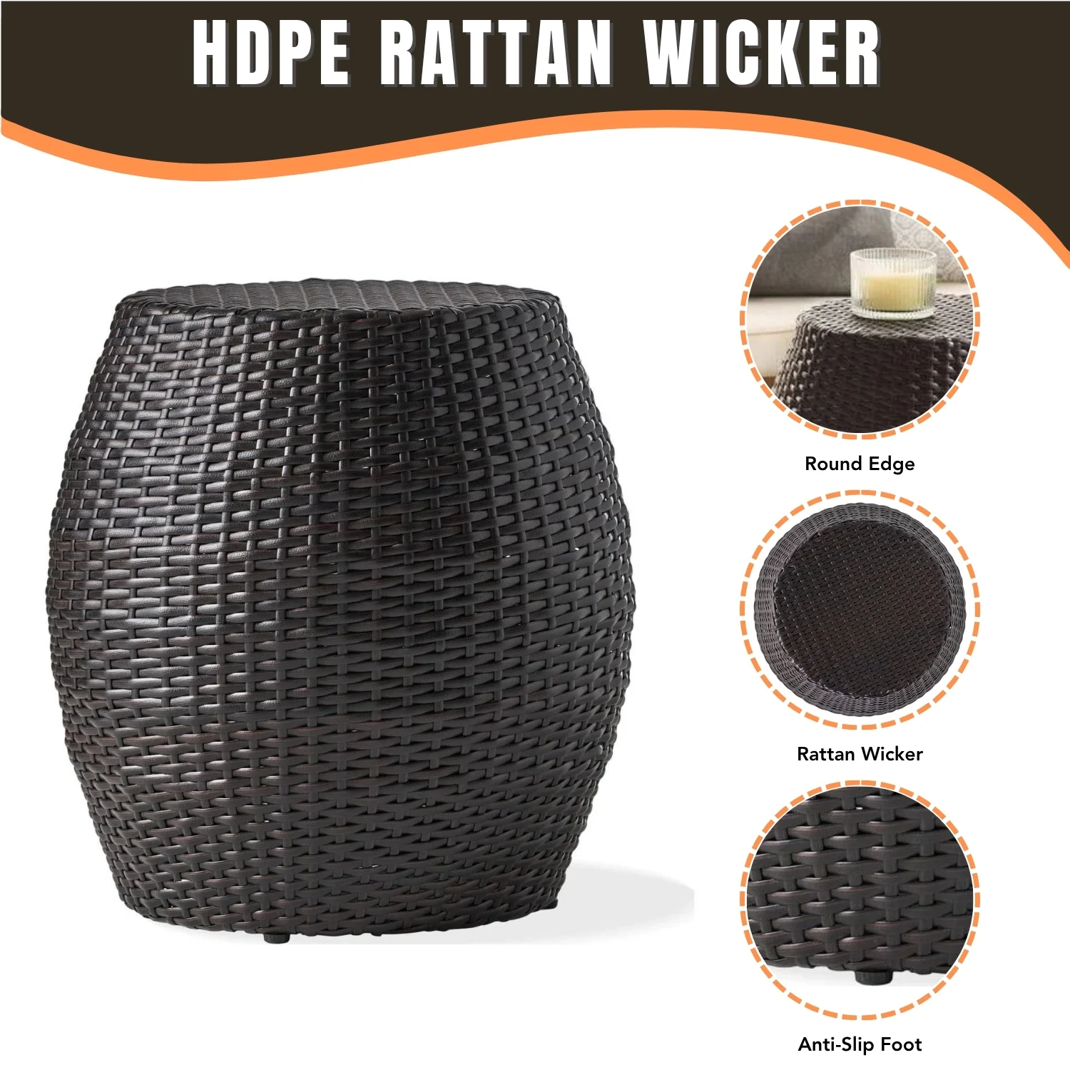Dark Brown Rattan Damru Accent Table for Patio - Image 4
