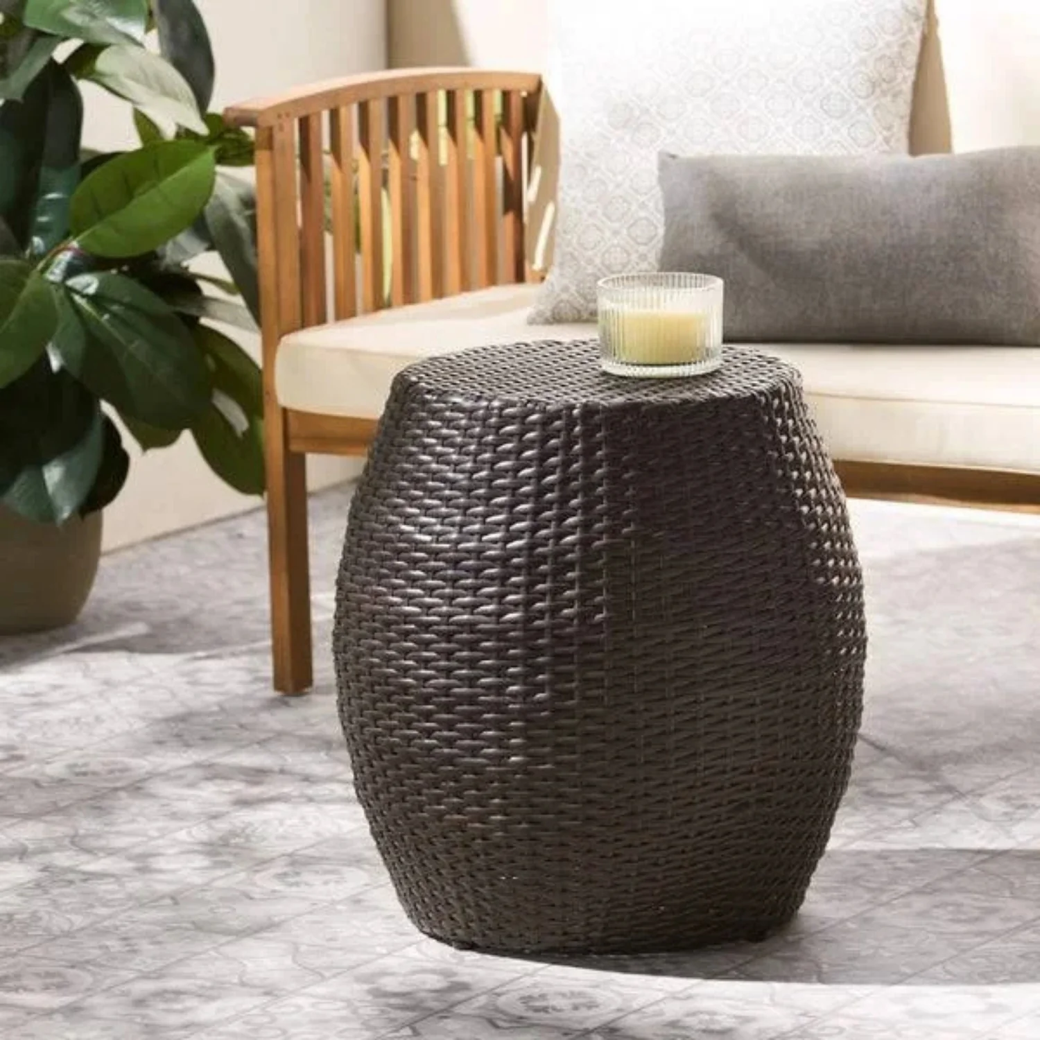 Dark Brown Rattan Damru Accent Table for Patio - Image 6