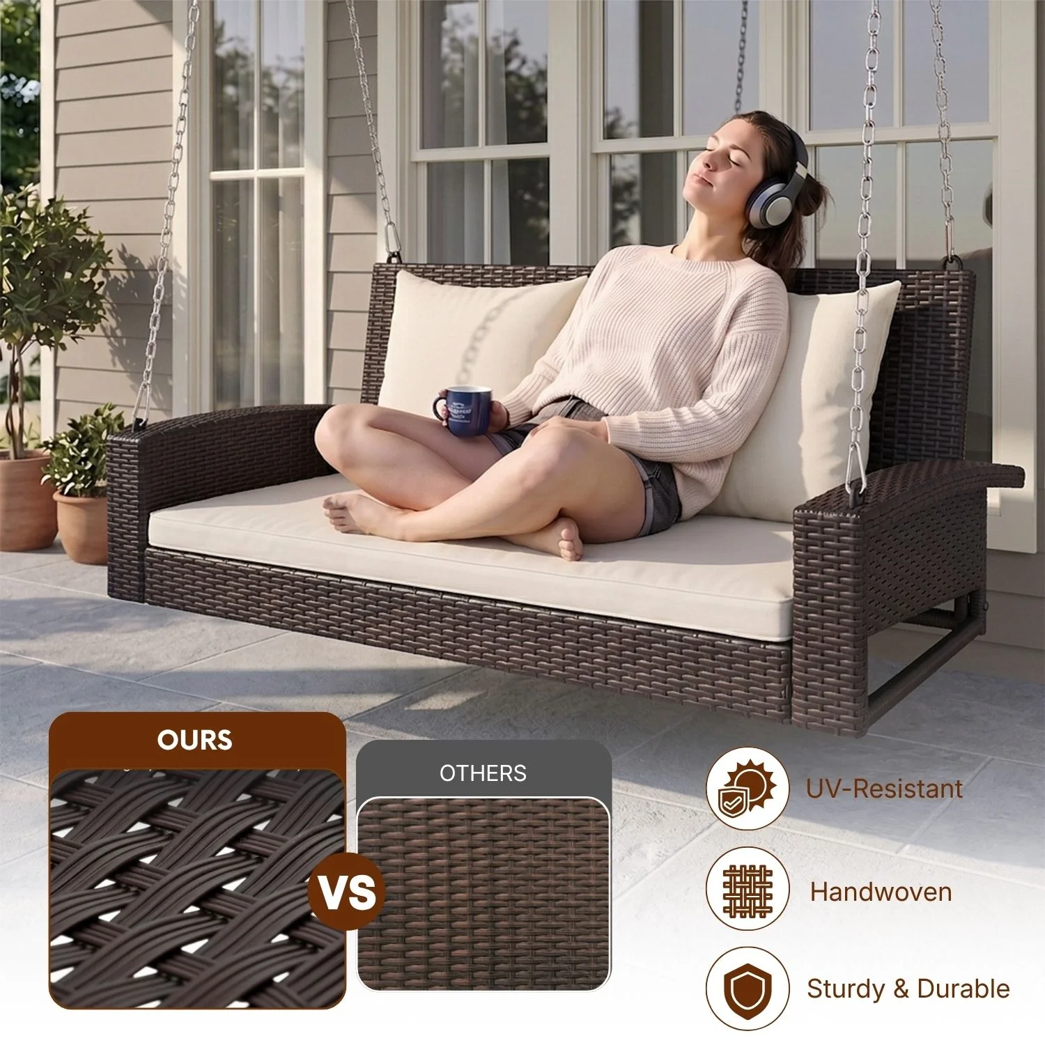 Dark Brown Rattan Wicker Two Seater Sofa Swing - Image 3