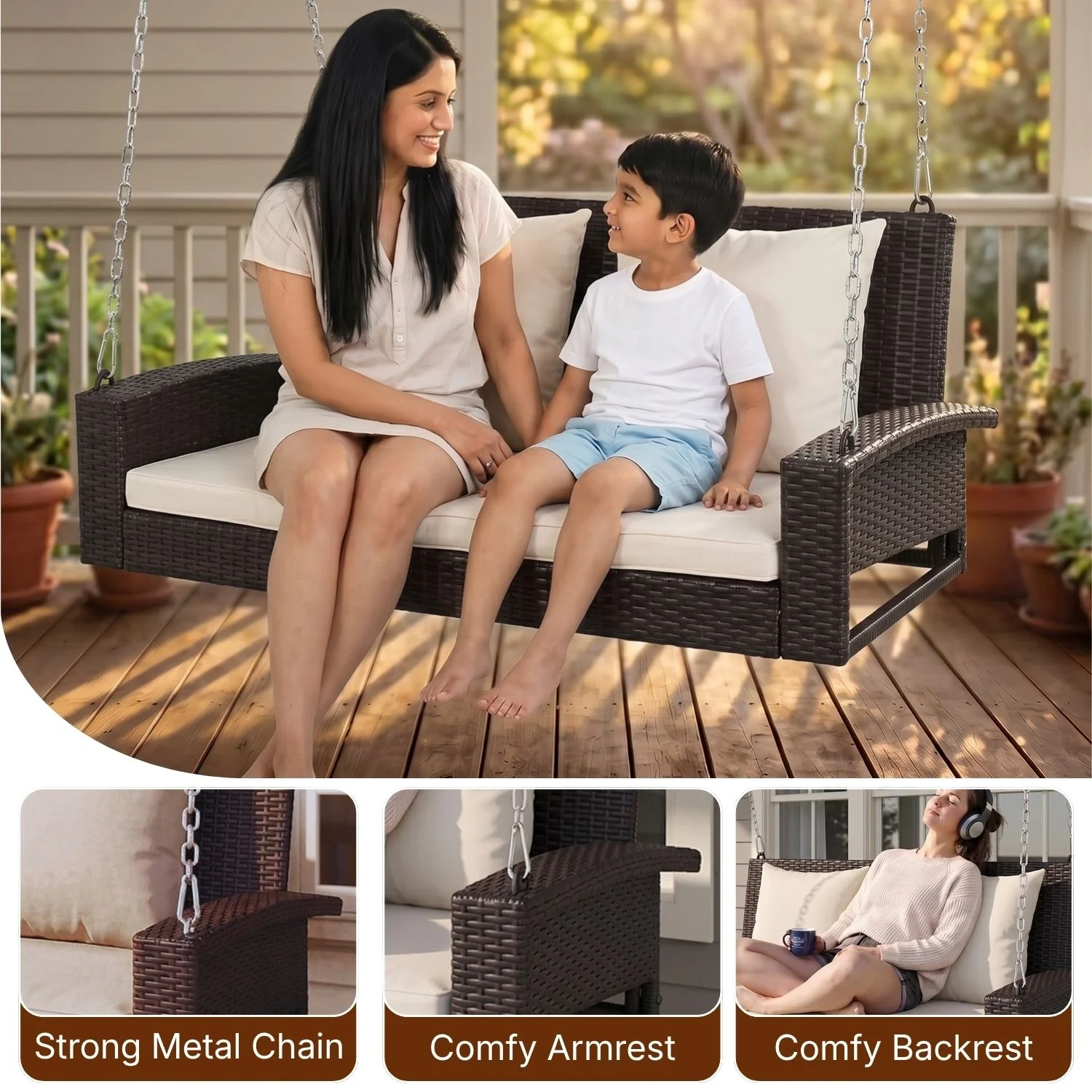 Dark Brown Rattan Wicker Two Seater Sofa Swing - Image 5