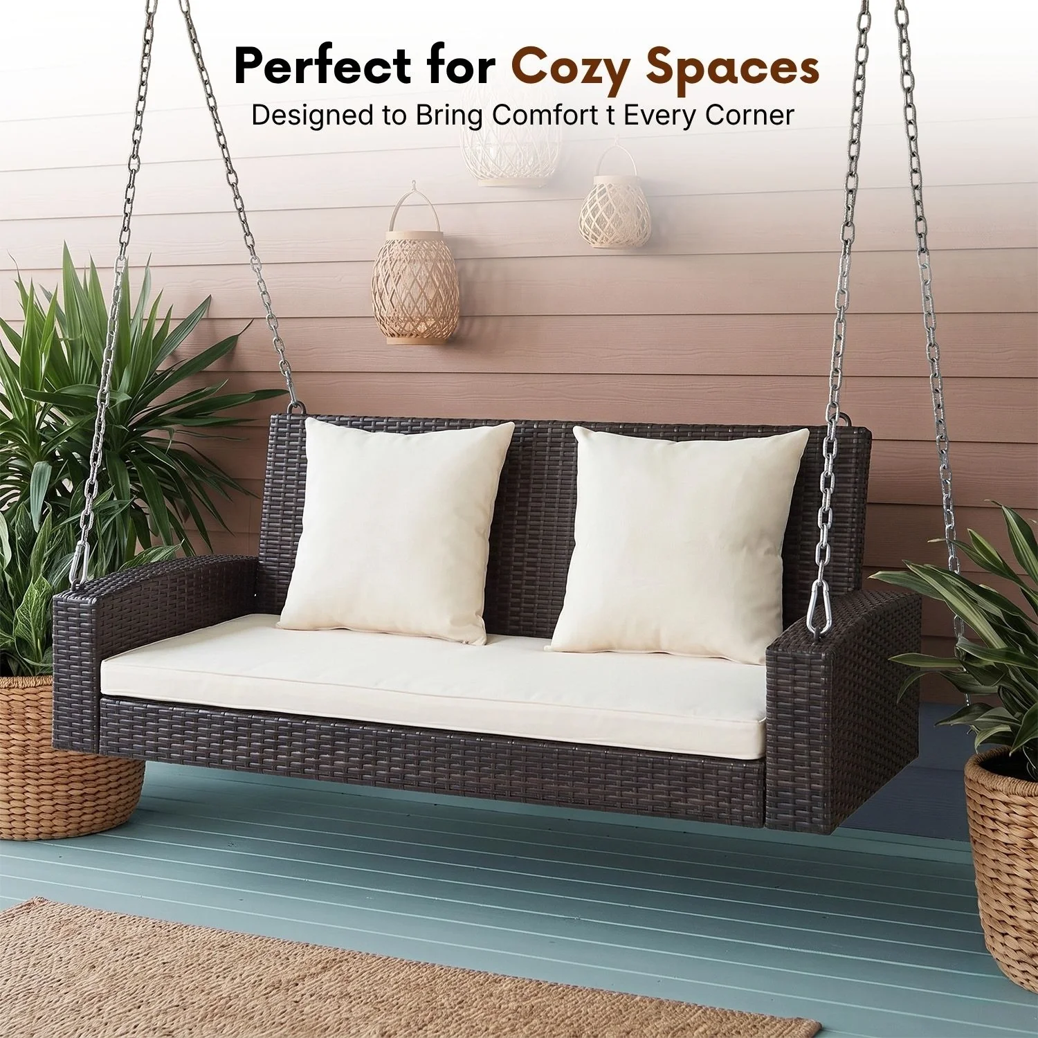 Dark Brown Rattan Wicker Two Seater Sofa Swing - Image 6