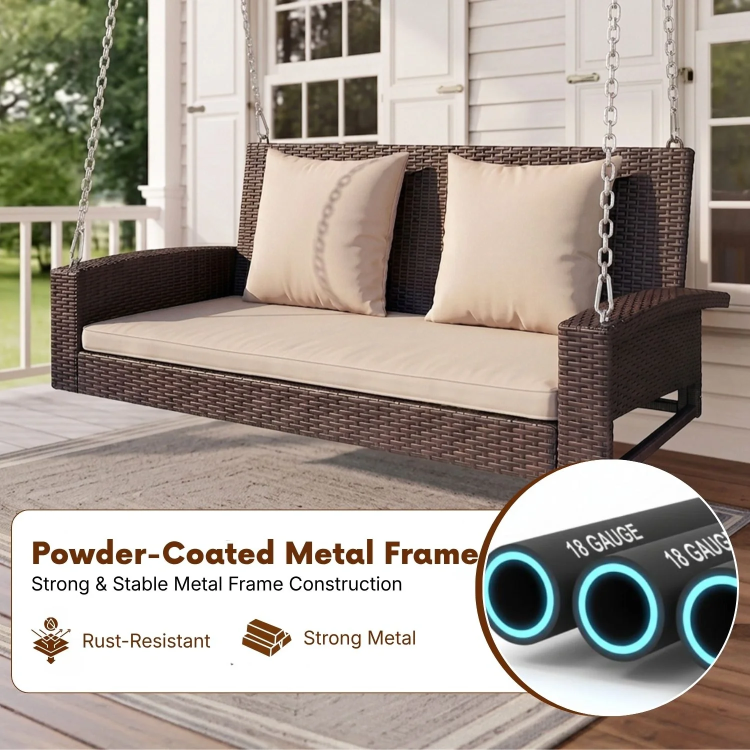 Dark Brown Rattan Wicker Two Seater Sofa Swing - Image 7