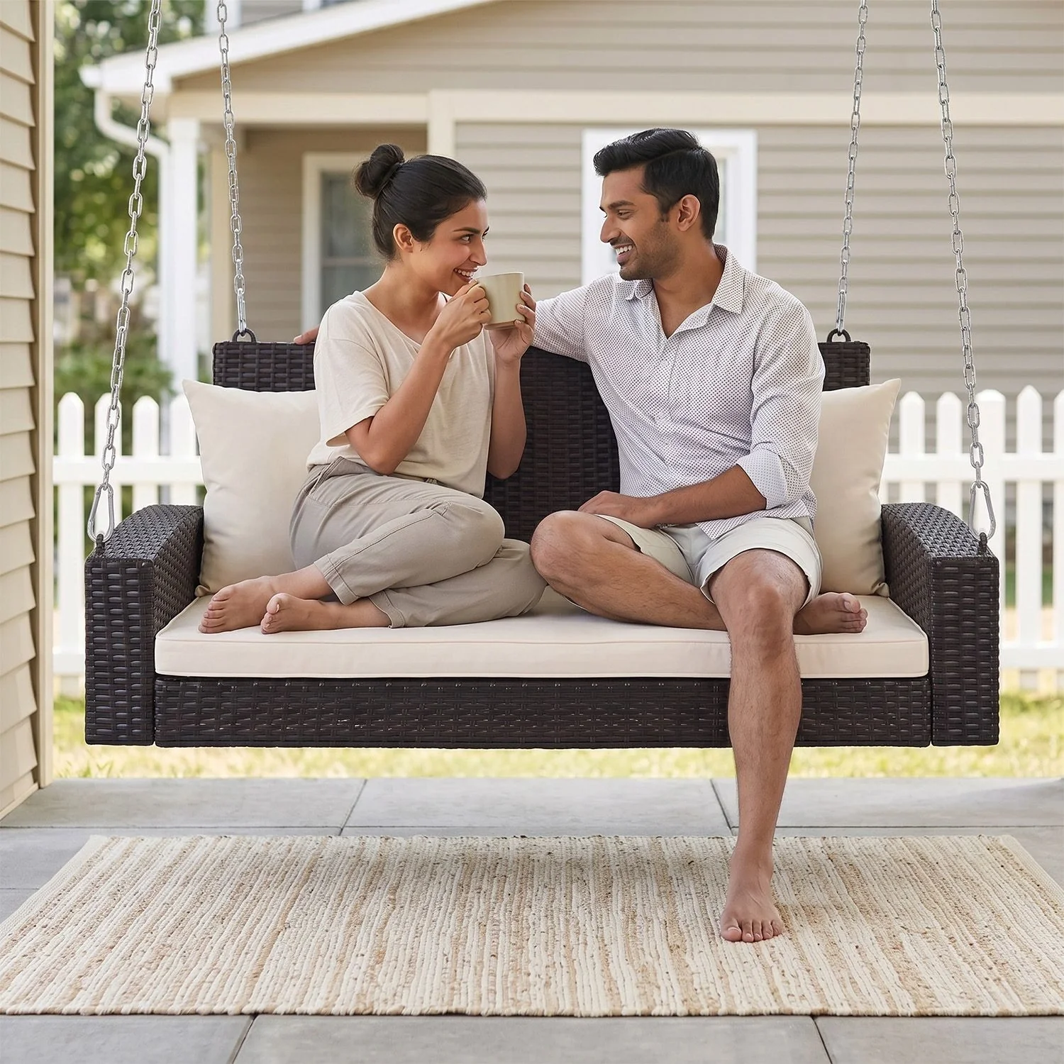 Dark Brown Rattan Wicker Two Seater Sofa Swing - Image 9
