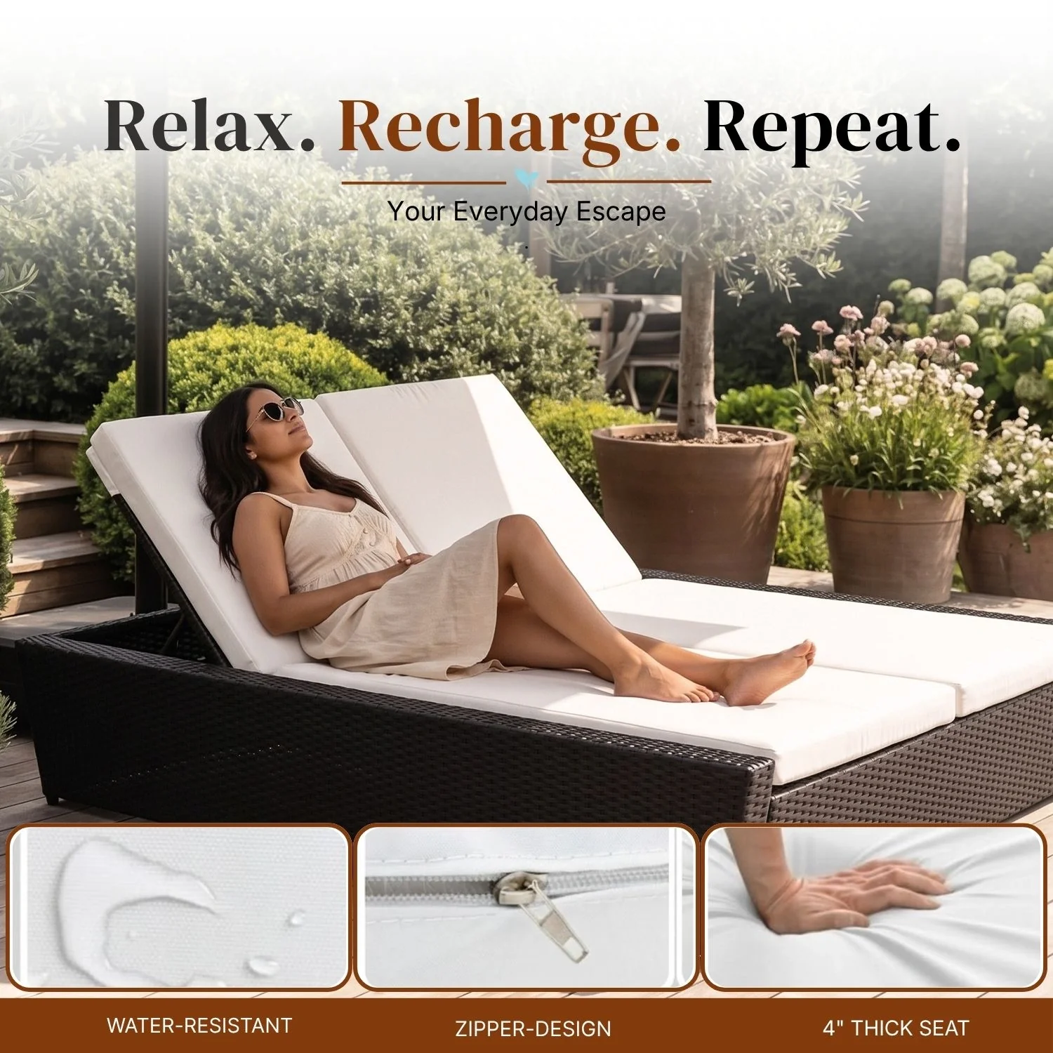 Outdoor Wicker Patio Double Seater Recliner Daybed - Image 4