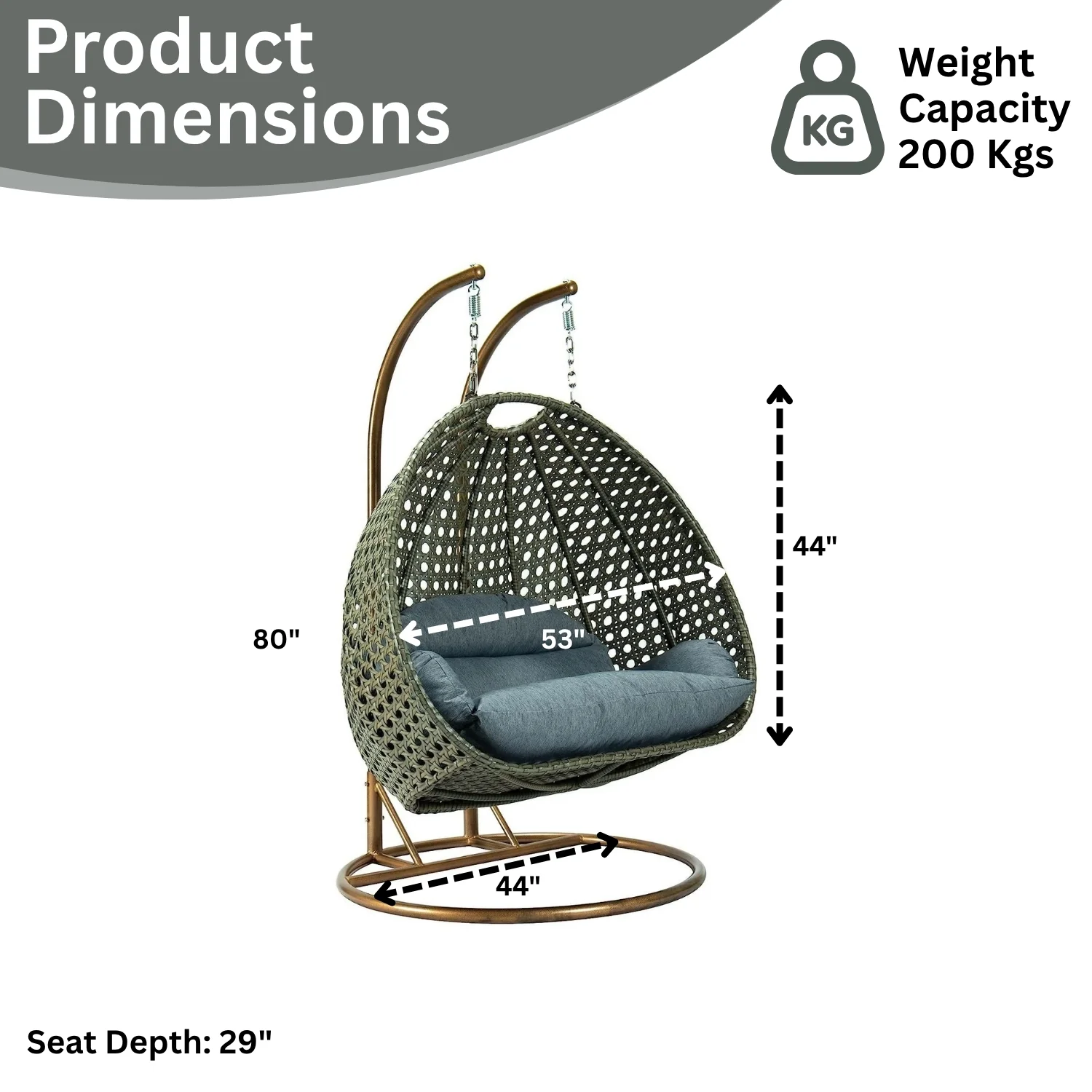 Double Seater Hanging Swing Chair (Dark Brown/Dark Grey) - Image 2