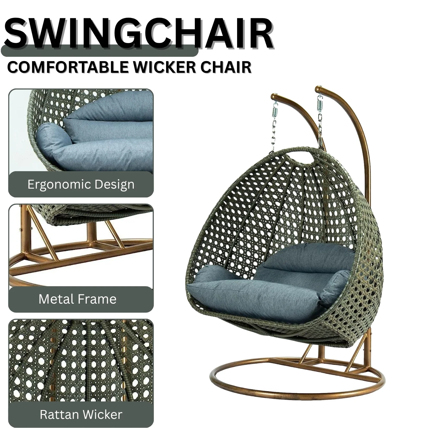 Double Seater Hanging Swing Chair (Dark Brown/Dark Grey) - Image 5