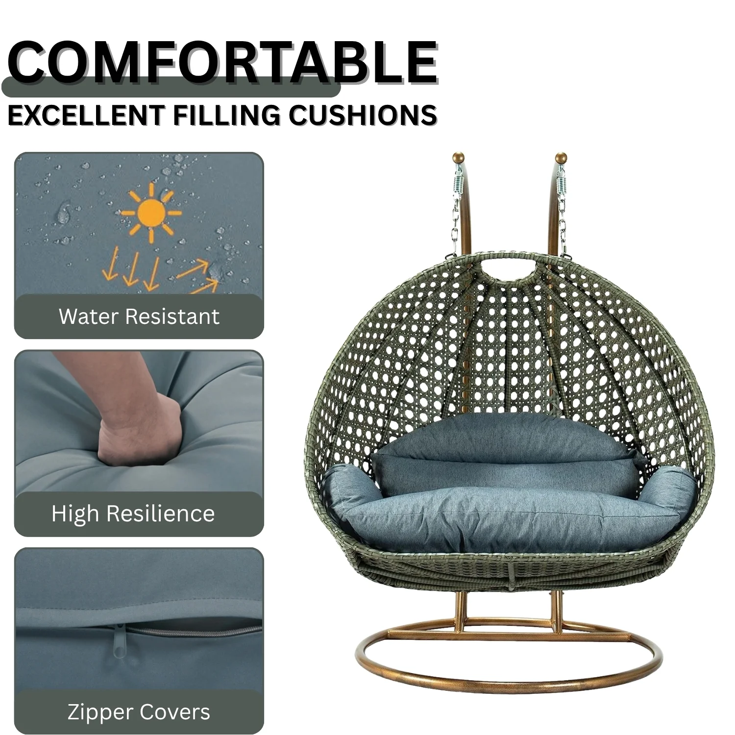 Double Seater Hanging Swing Chair (Dark Brown/Dark Grey) - Image 6