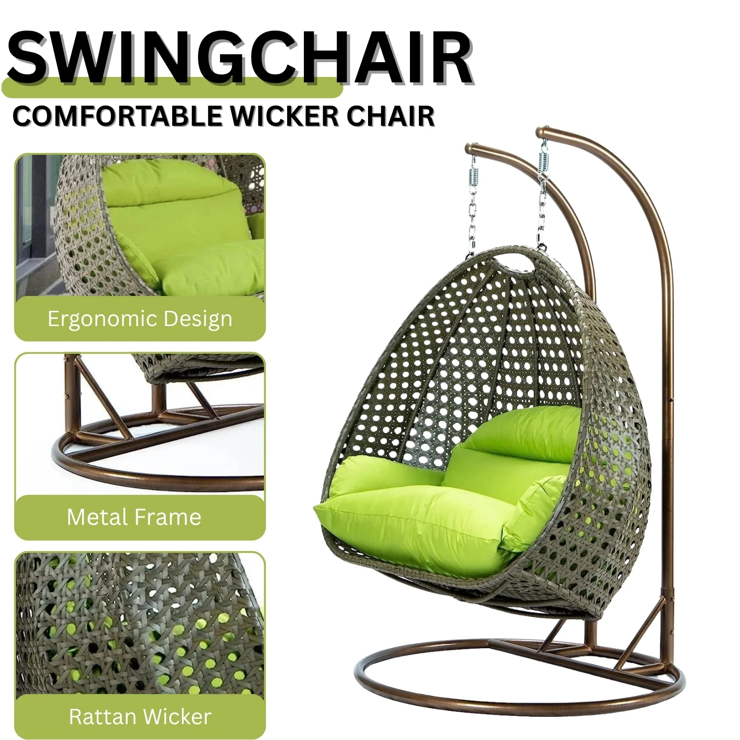 Double Seater Hanging Swing Chair (Dark Brown/Green) - Image 5